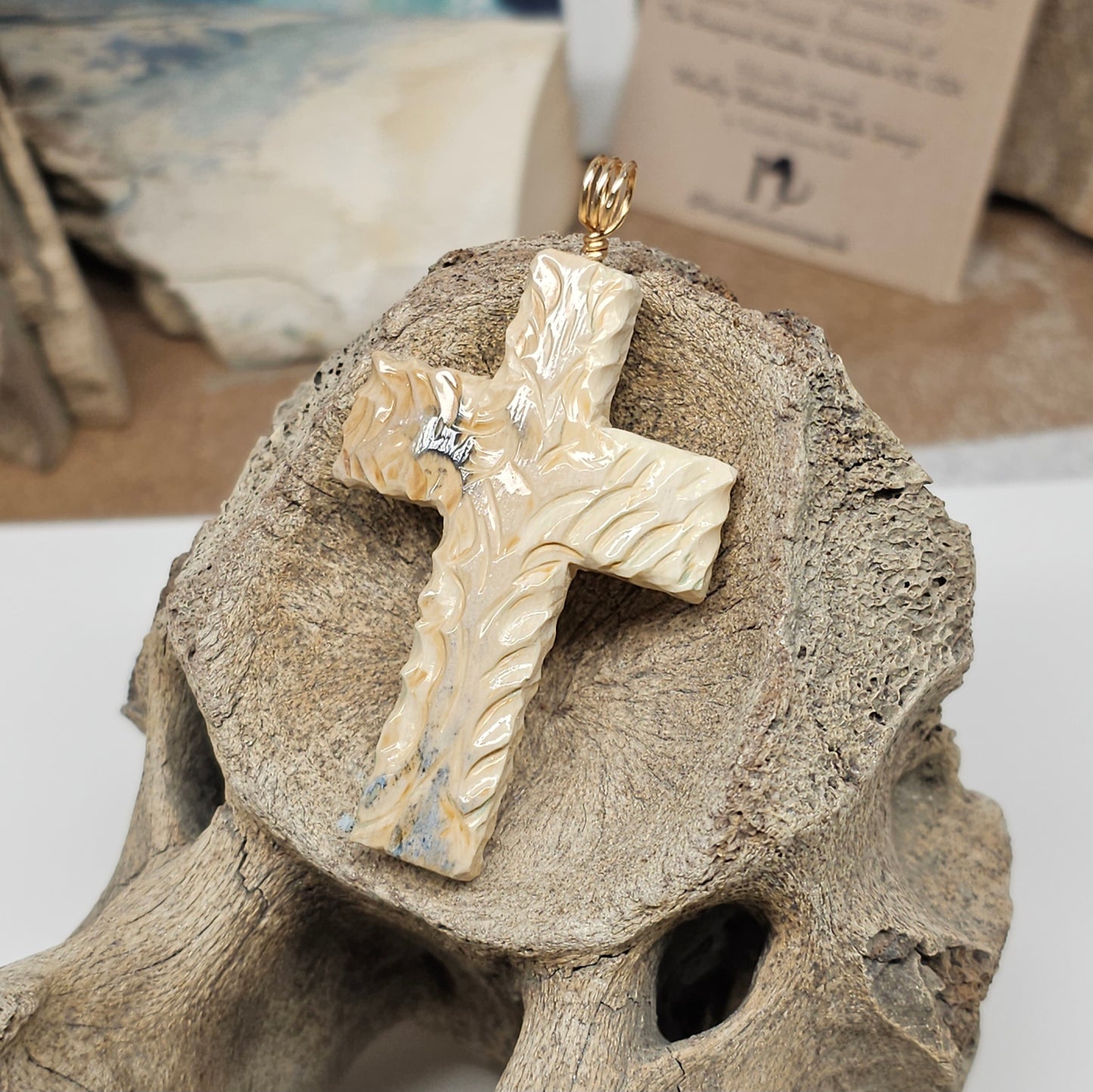 Boneyard Woolly Mammoth Fossil Ivory Christian Cross Pendant - Carved