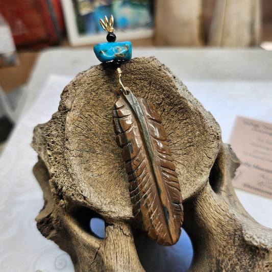 Boneyard Alaska Woolly Mammoth Ivory Carved Feather and Turquoise Pendant