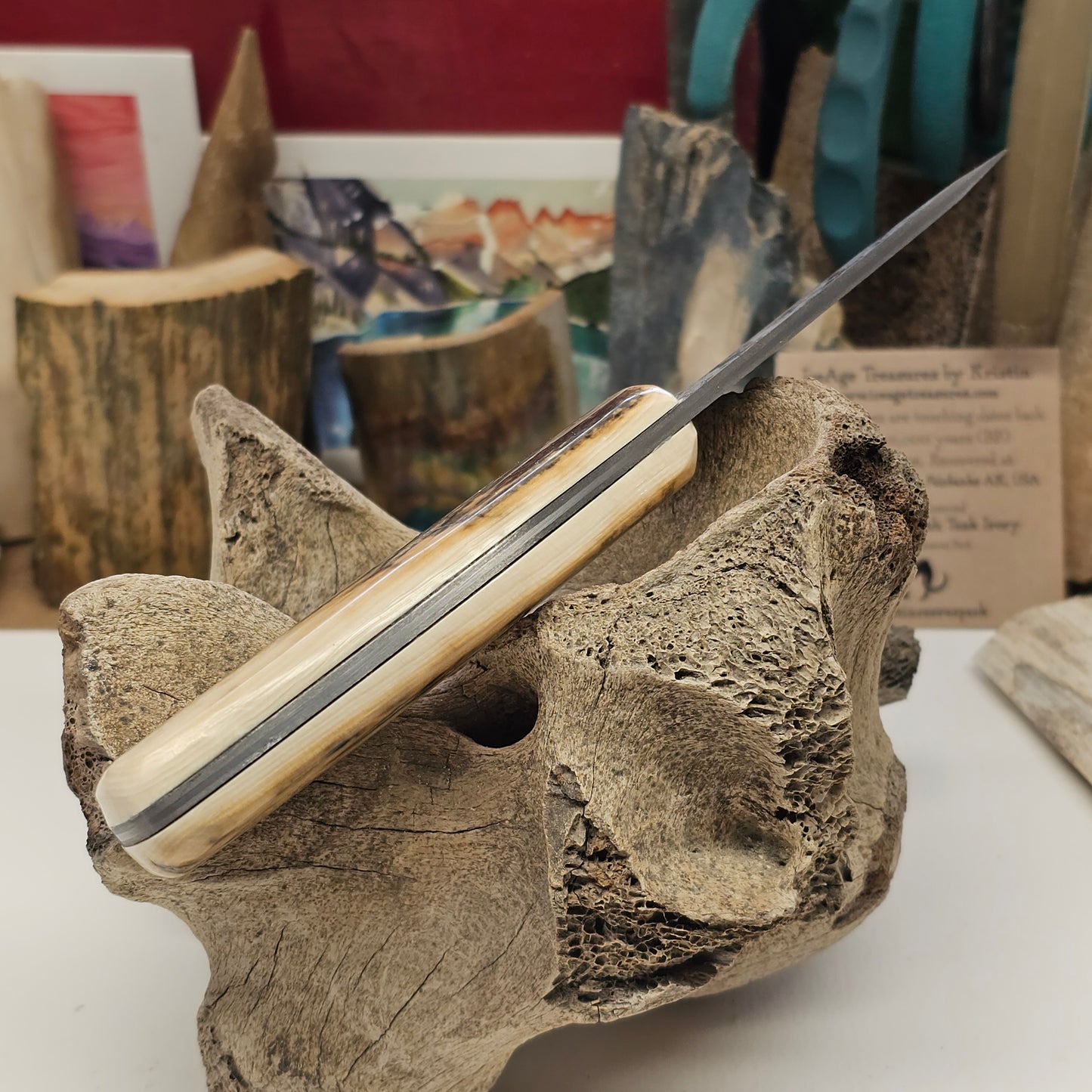 Boneyard Alaska Mammoth Ivory Grip Fixed Blade San Mai Damascus