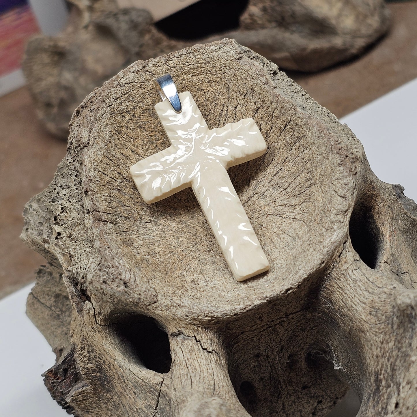 Woolly Mammoth Fossil Ivory Christian Cross Pendant – Classic | Ice Age Treasures