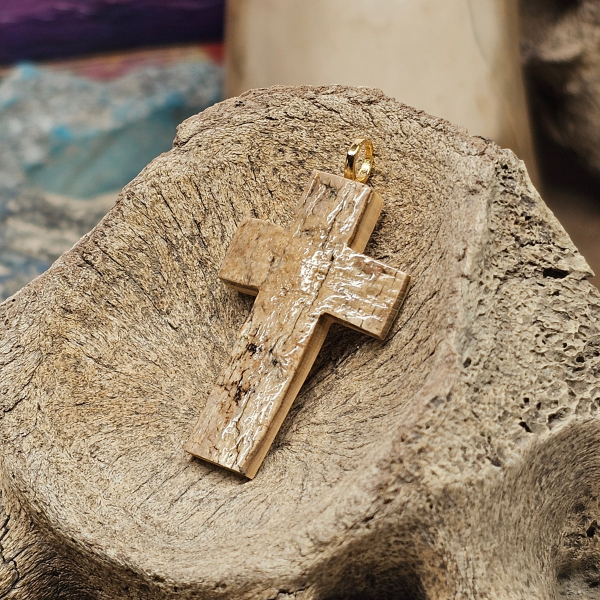 Woolly Mammoth Fossil Ivory Carved Christian Cross Pendant | Ice Age Treasures
