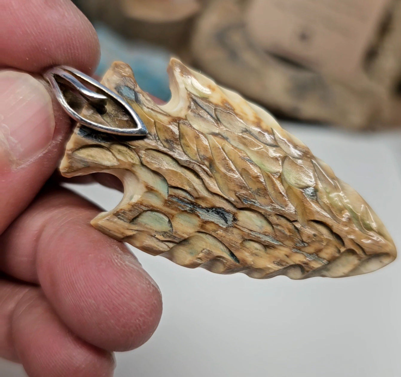 Woolly Mammoth Carved Fossil Ivory Arrowhead Pendant