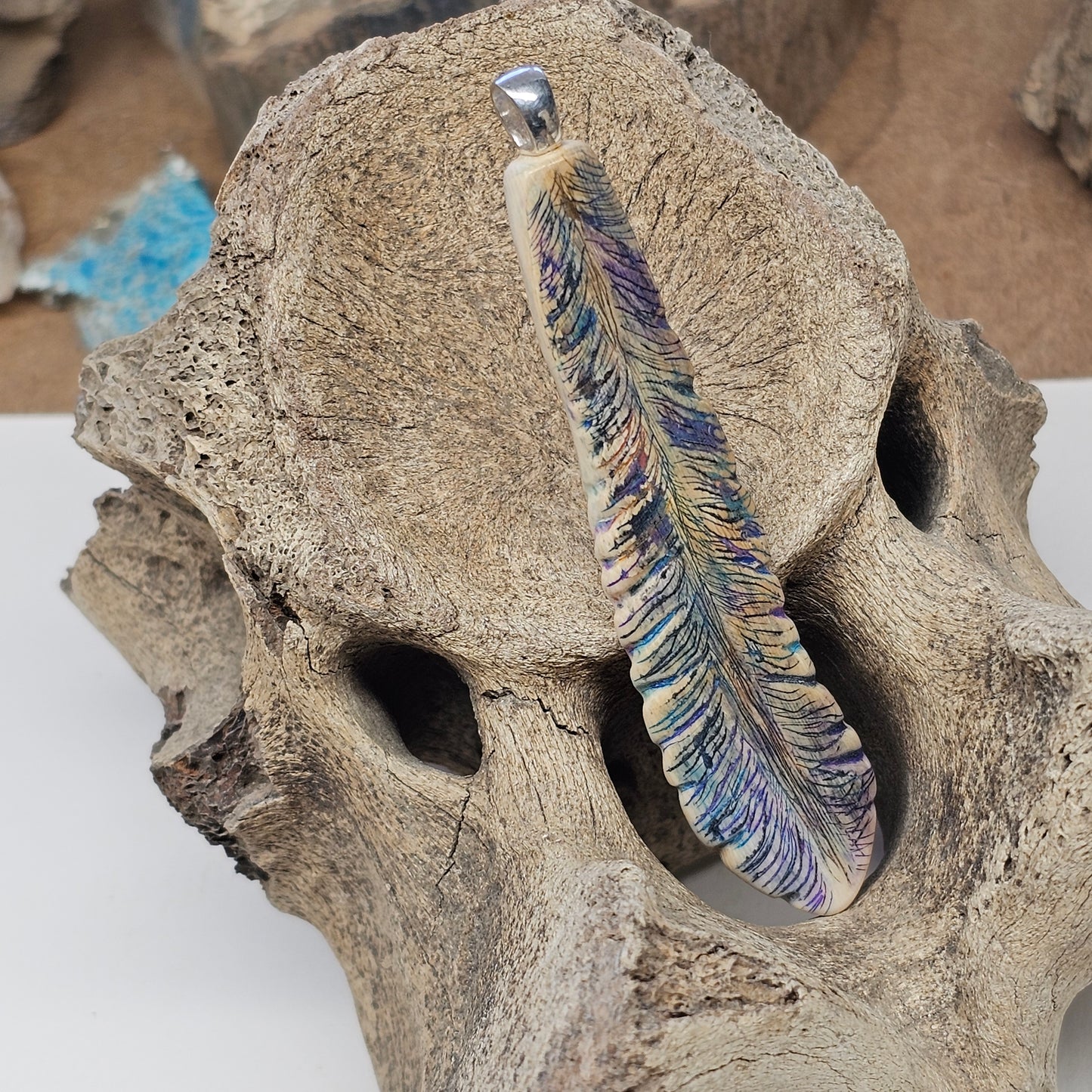Woolly Mammoth Carved and Inked Feather Pendant