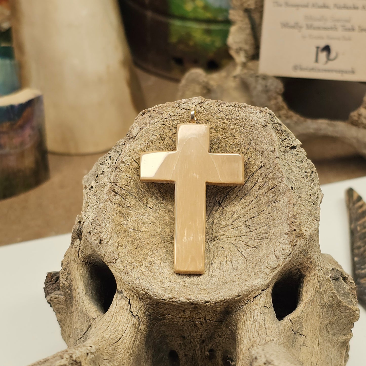 Boneyard Alaska Woolly Mammoth Fossil Ivory Christian Cross Pendant