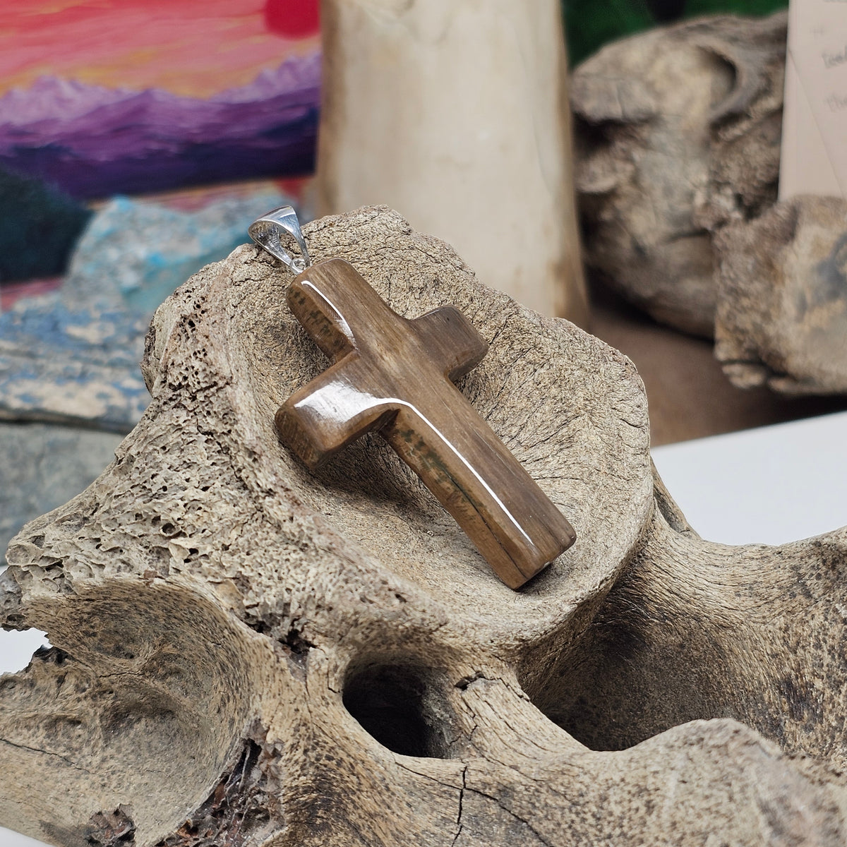 Woolly Mammoth Fossil Ivory Carved Christian Cross Pendant | Ice Age Treasures