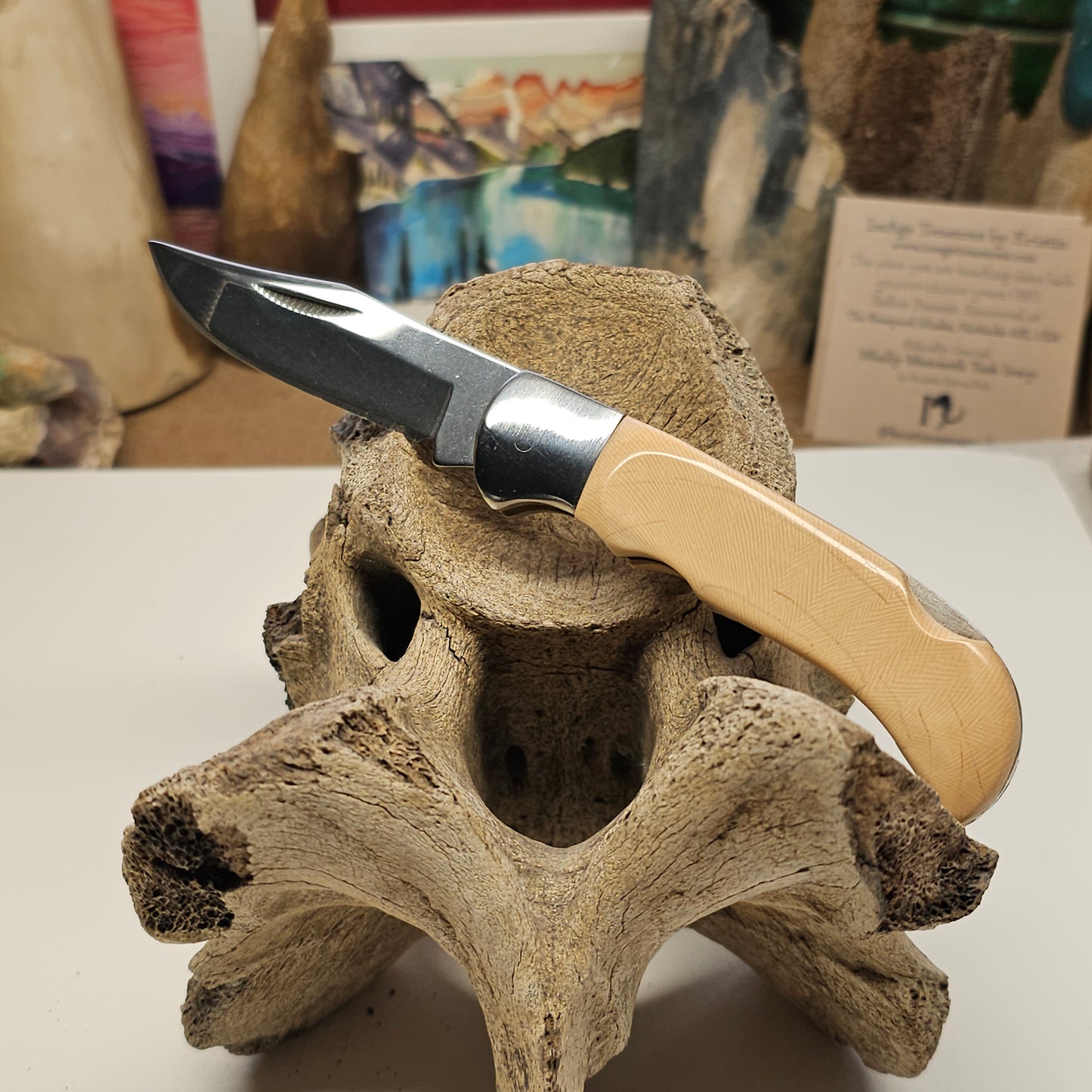 Boneyard Woolly Mammoth Ivory Grip Lock Blade Pocket Knife