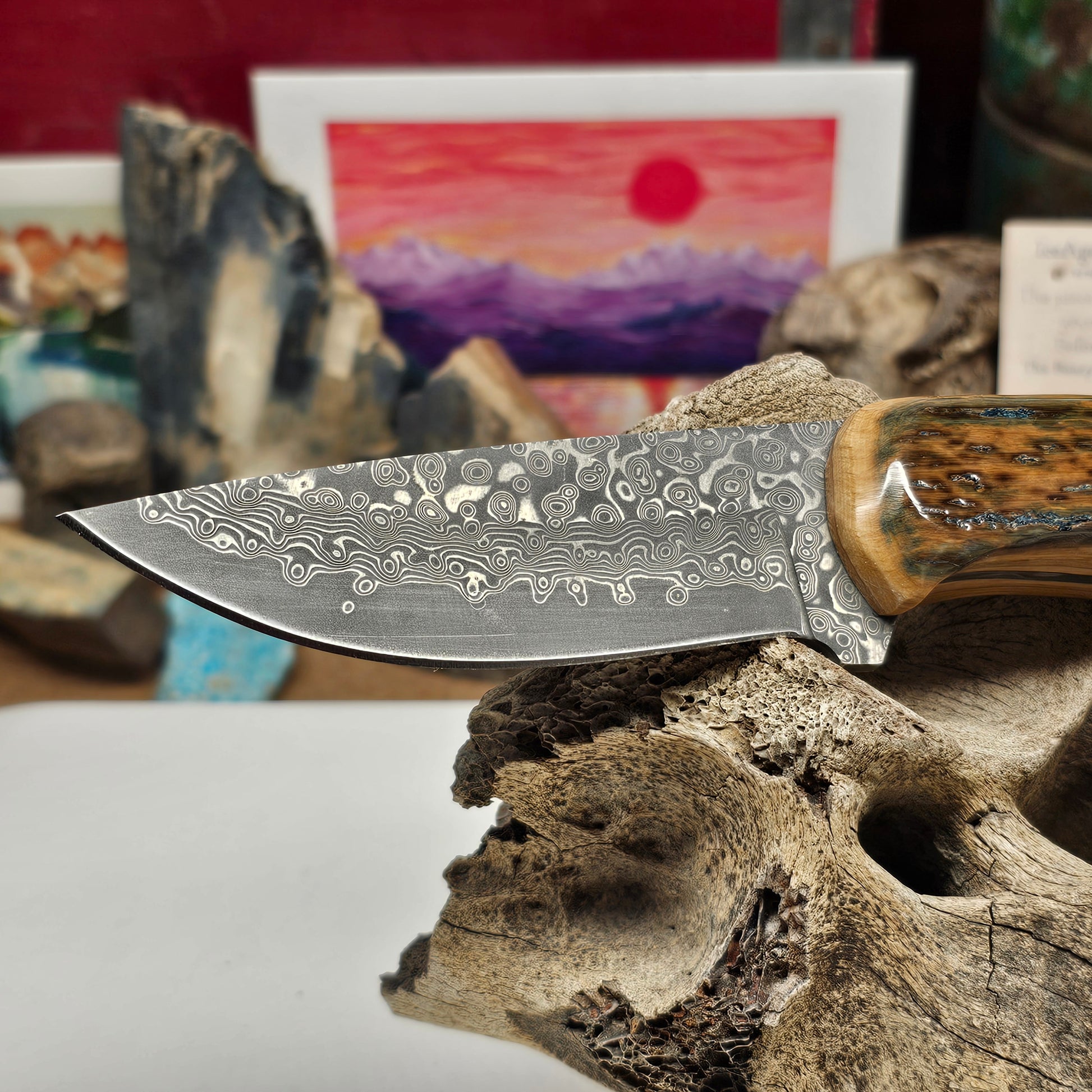 Boneyard Alaska Wooly Mammoth Damascus Heavy Vivianite Stained Fossil Ivory Grip  Skinner Knife