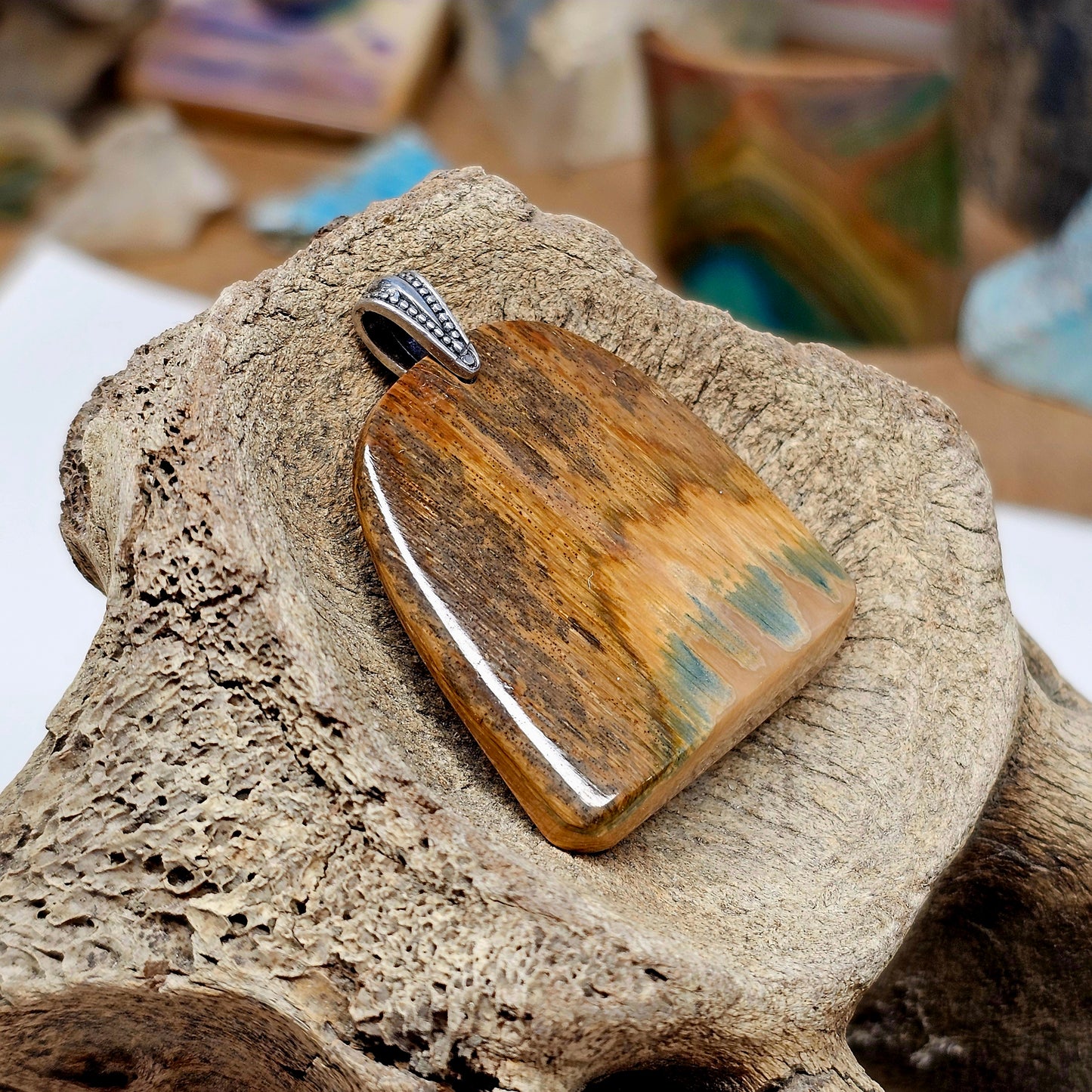 Woolly Mammoth Fossil Ivory Bark Pendant "The Lake" | Ice Age Treasures