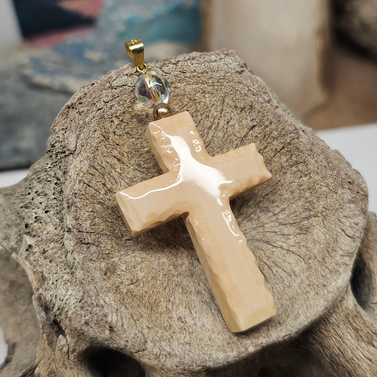Woolly Mammoth Fossil Ivory Christian Cross Pendant - Carved