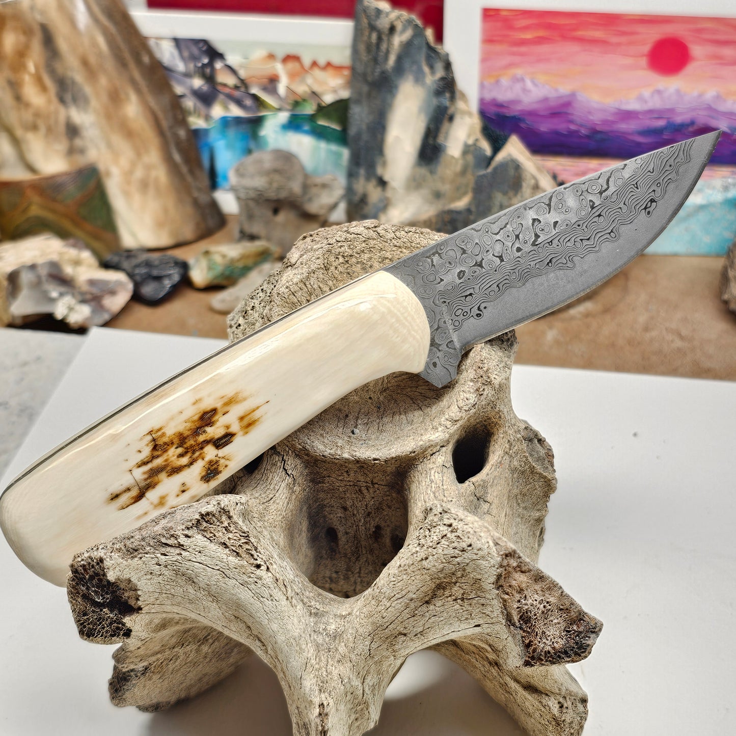 Woolly Mammoth Fossil Ivory Grip Damascus Blade Knife | Boneyard Alaska