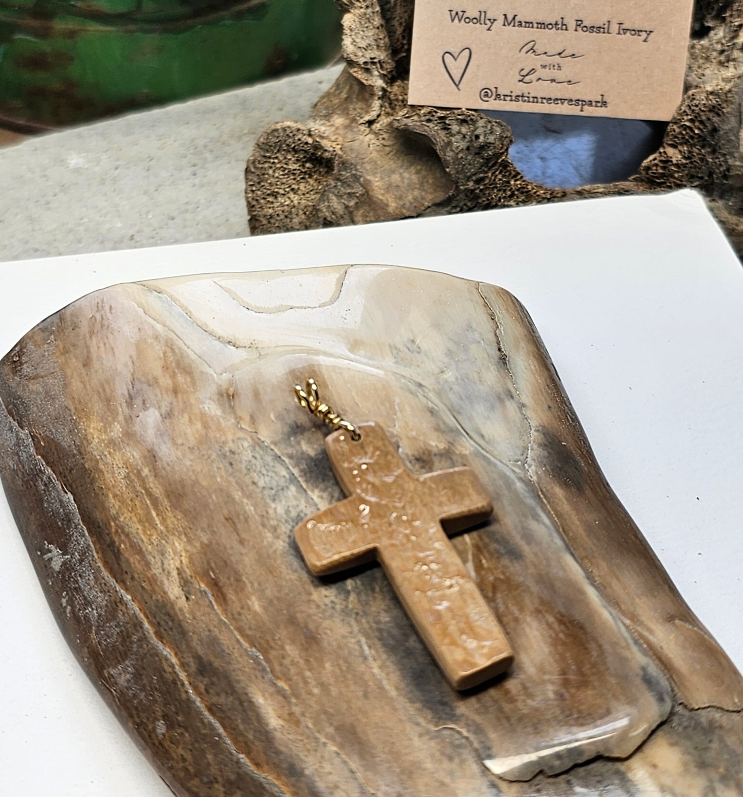 Boneyard Alaska Woolly Mammoth Ivory Carved Christian Cross Pendant