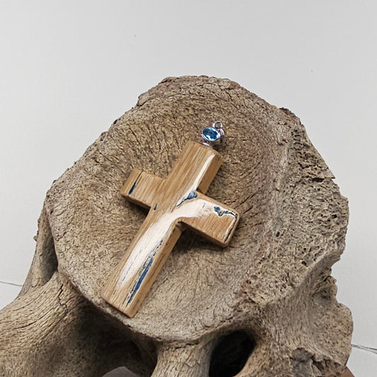 Boneyard Alaska Woolly Mammoth Ivory Carved Christian Cross with Glacier Blue Bale
