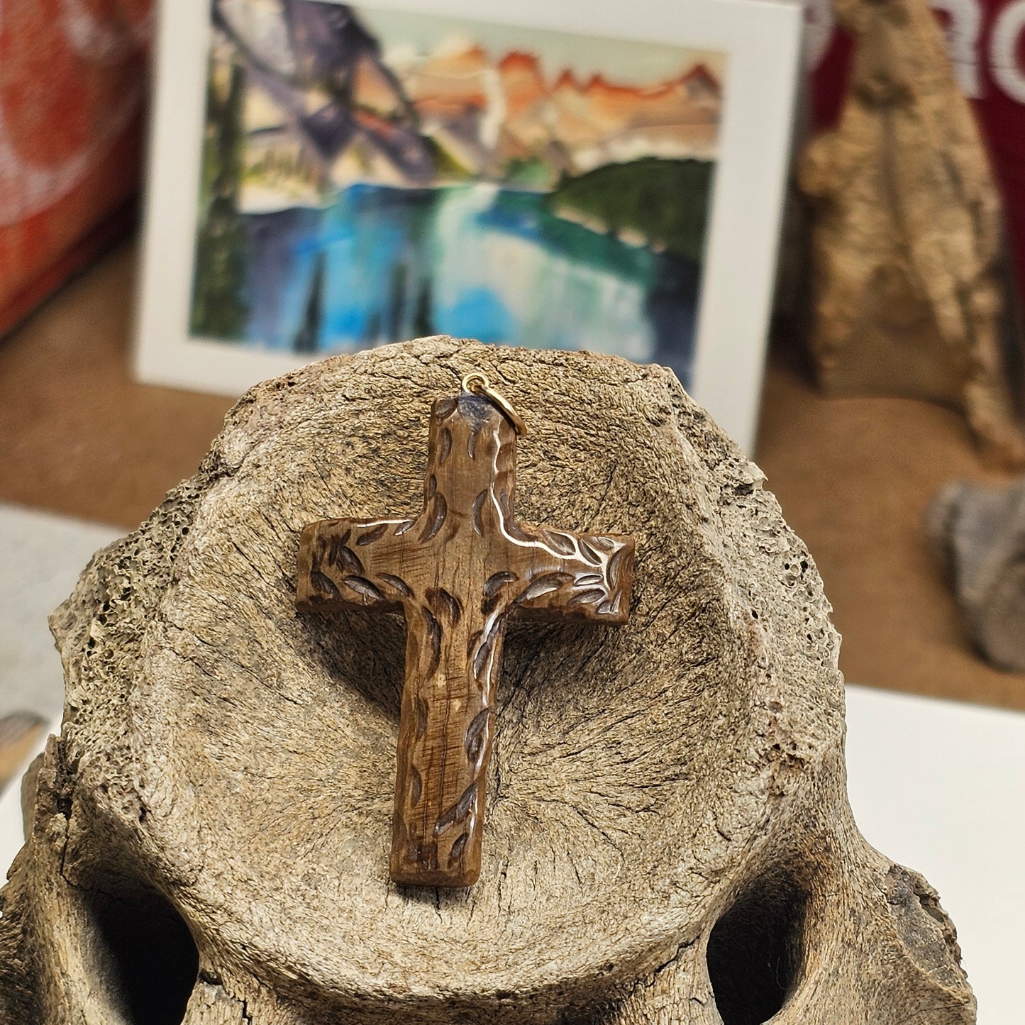 Boneyard Alaska Woolly Mammoth Ivory Carved Christian Cross Pendant