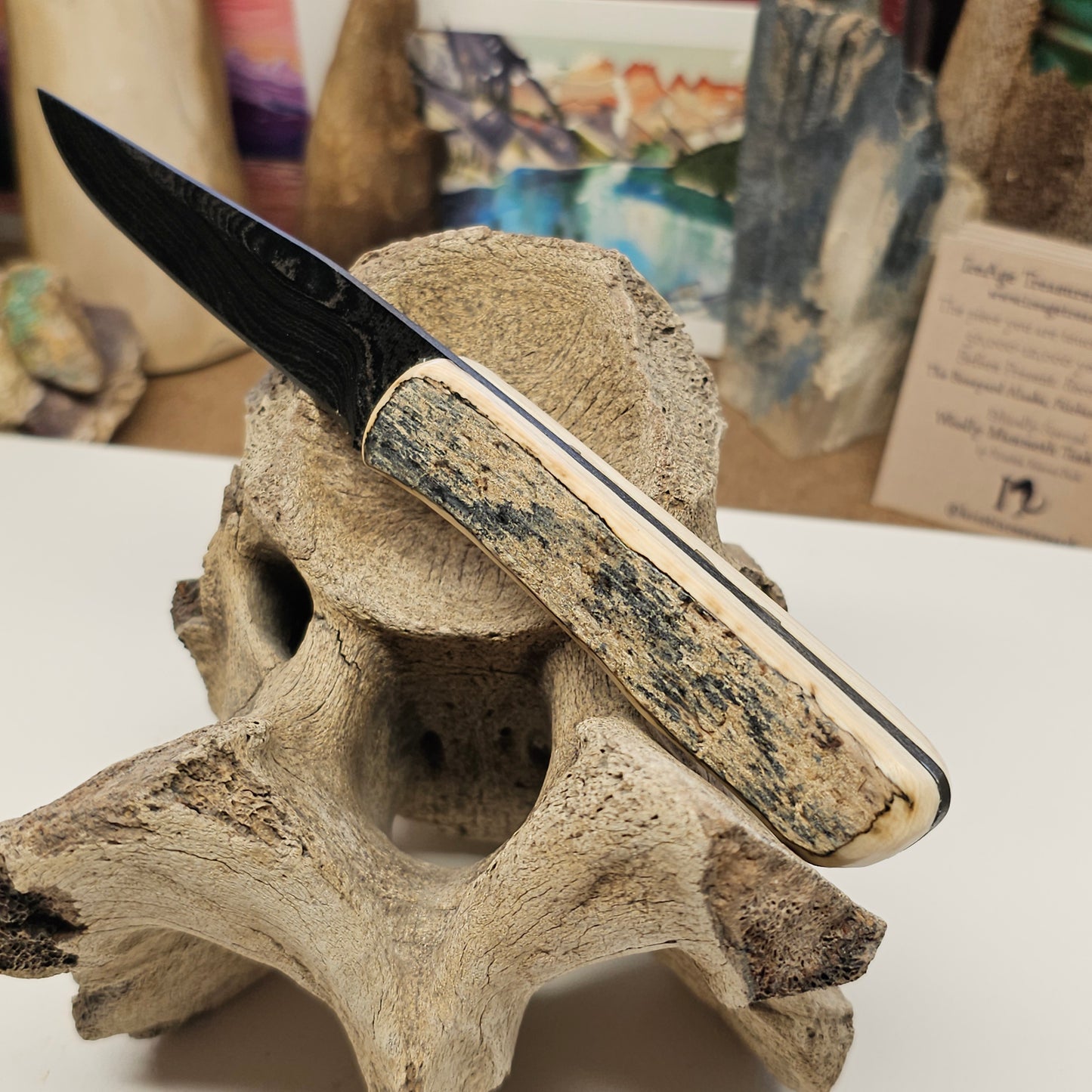 Boneyard Alaska Woolly Mammoth and USA Damascus Fixed Blade Knife 7-1/2"