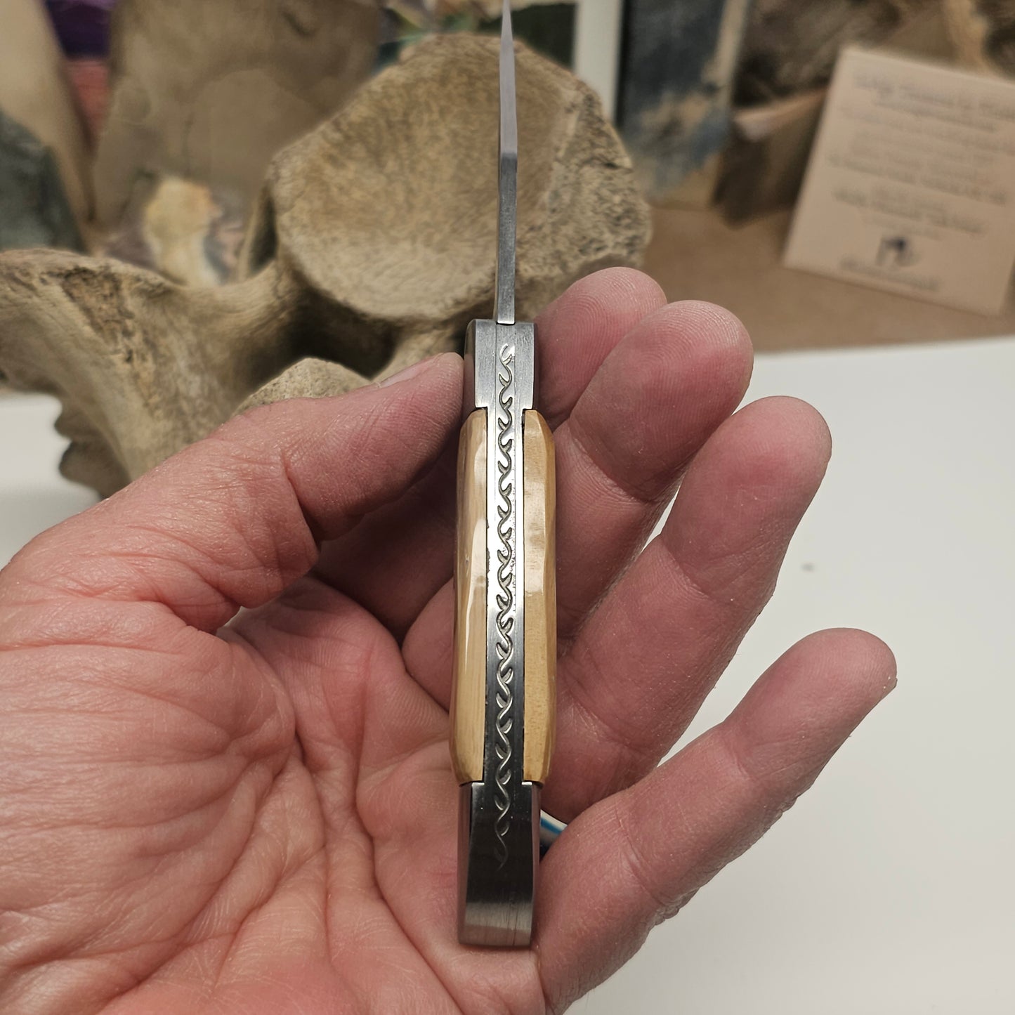 Boneyard Woolly Mammoth Ivory Grip Texas Toothpick Pocket Knife-Damascus