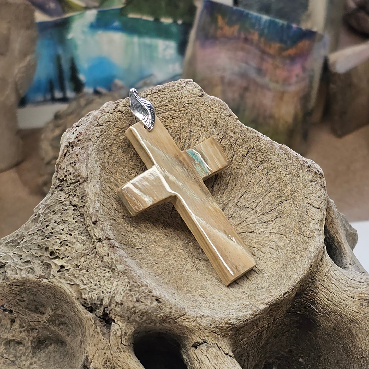 Boneyard Alaska Woolly Mammoth Ivory Carved Christian Cross Pendant