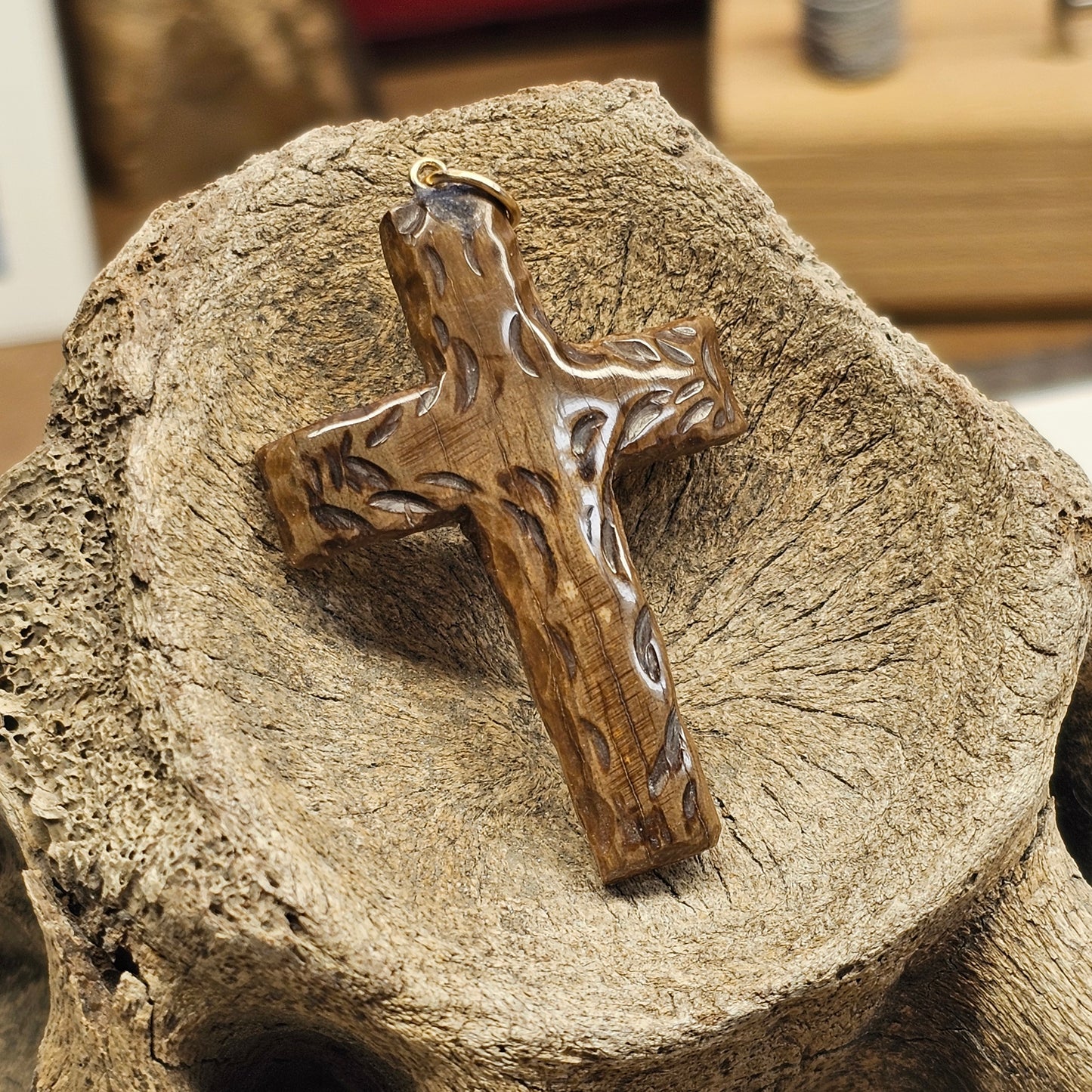 Boneyard Alaska Woolly Mammoth Ivory Carved Christian Cross Pendant