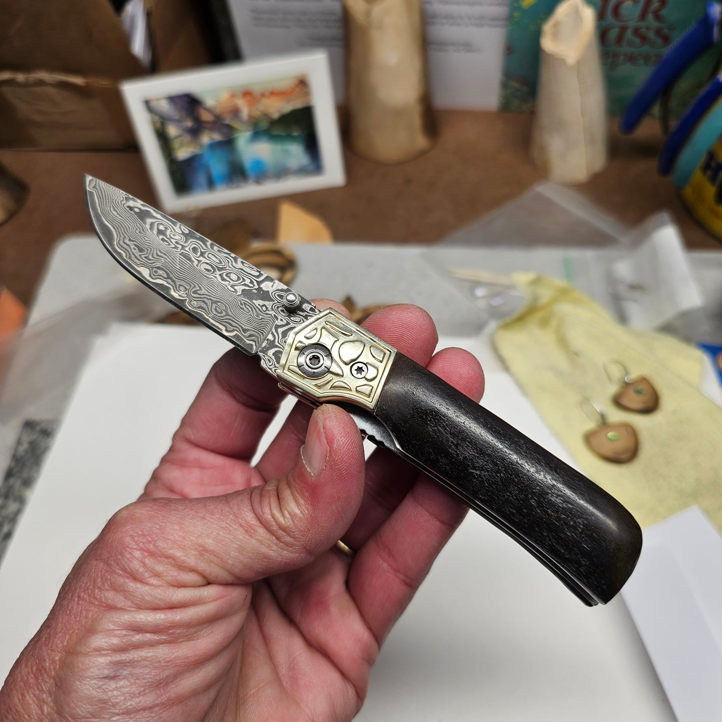 Woolly Mammoth BONE Grip San Mai Damascus Pocket Knife