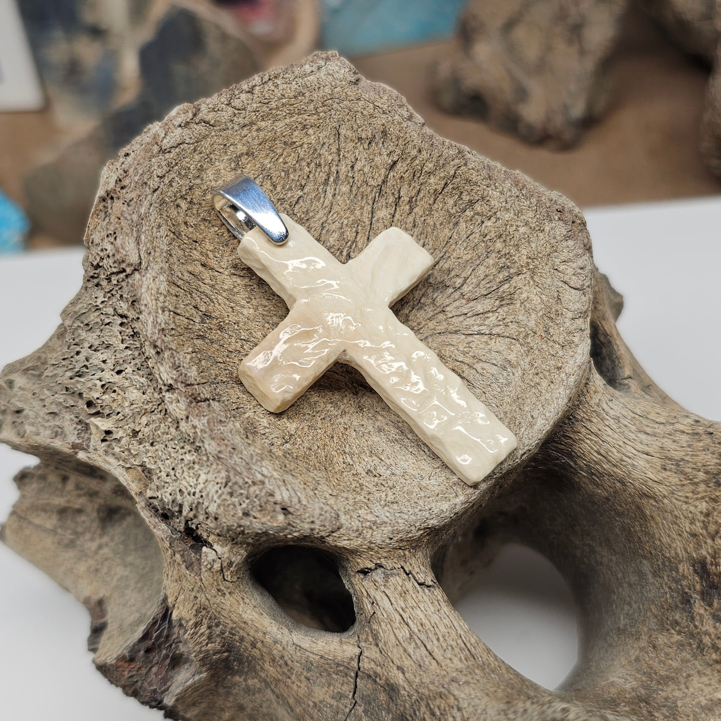 Boneyard Alaska Woolly Mammoth Fossil Ivory Carved Christian Cross by Kristin Reeves Park, One of One