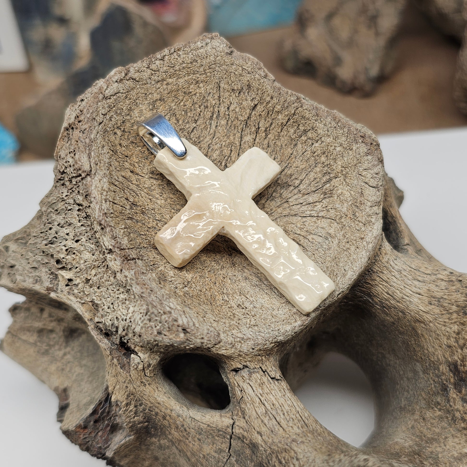 Boneyard Alaska Woolly Mammoth Fossil Ivory Carved Christian Cross by Kristin Reeves Park, One of One