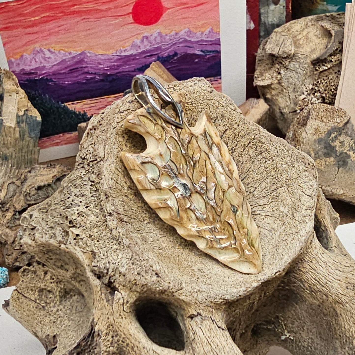 Woolly Mammoth Carved Fossil Ivory Arrowhead Pendant