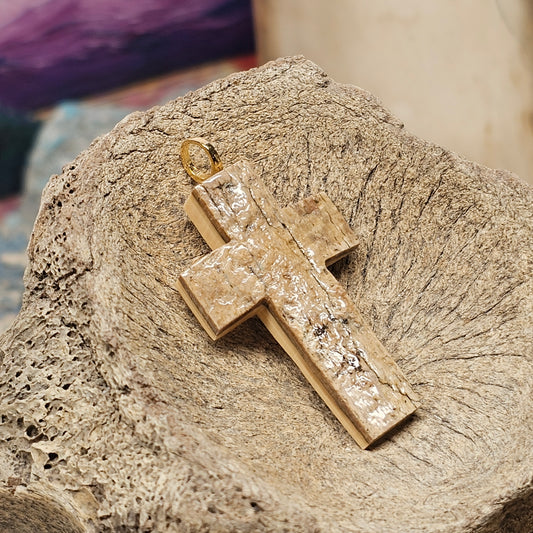 Woolly Mammoth Fossil Ivory Carved Christian Cross Pendant | Ice Age Treasures