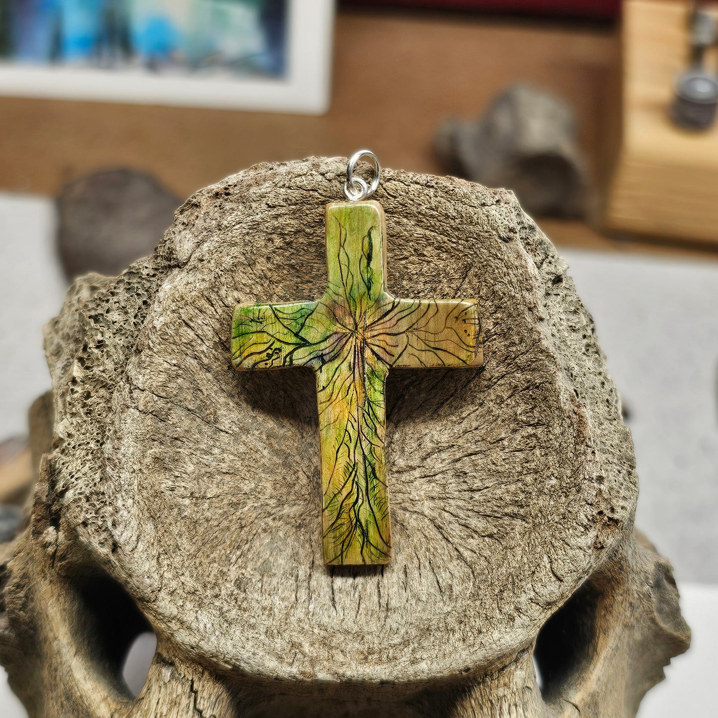 Boneyard Alaska Woolly Mammoth Ivory Scribed and Inked Christian Cross Pendant