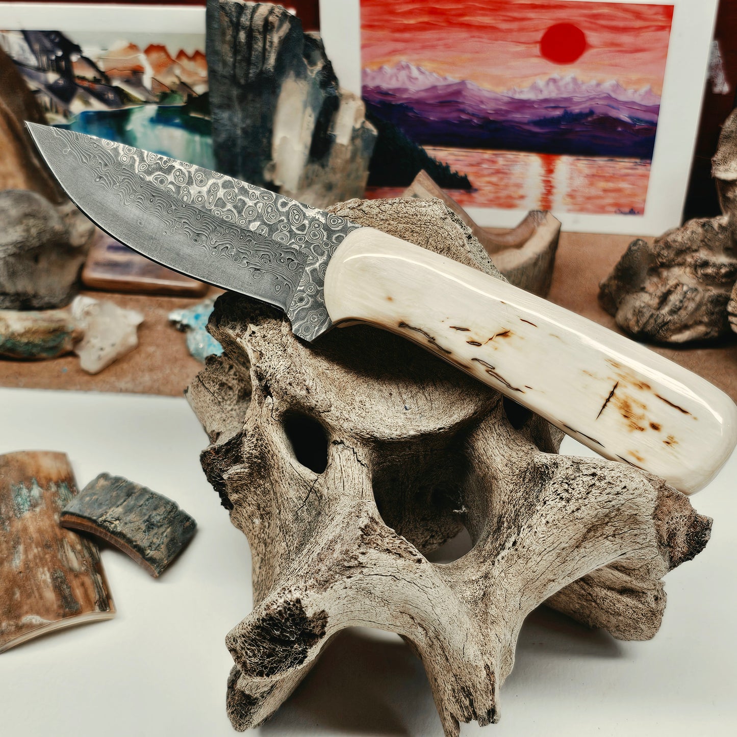 Woolly Mammoth Fossil Ivory Grip Damascus Blade Knife | Boneyard Alaska