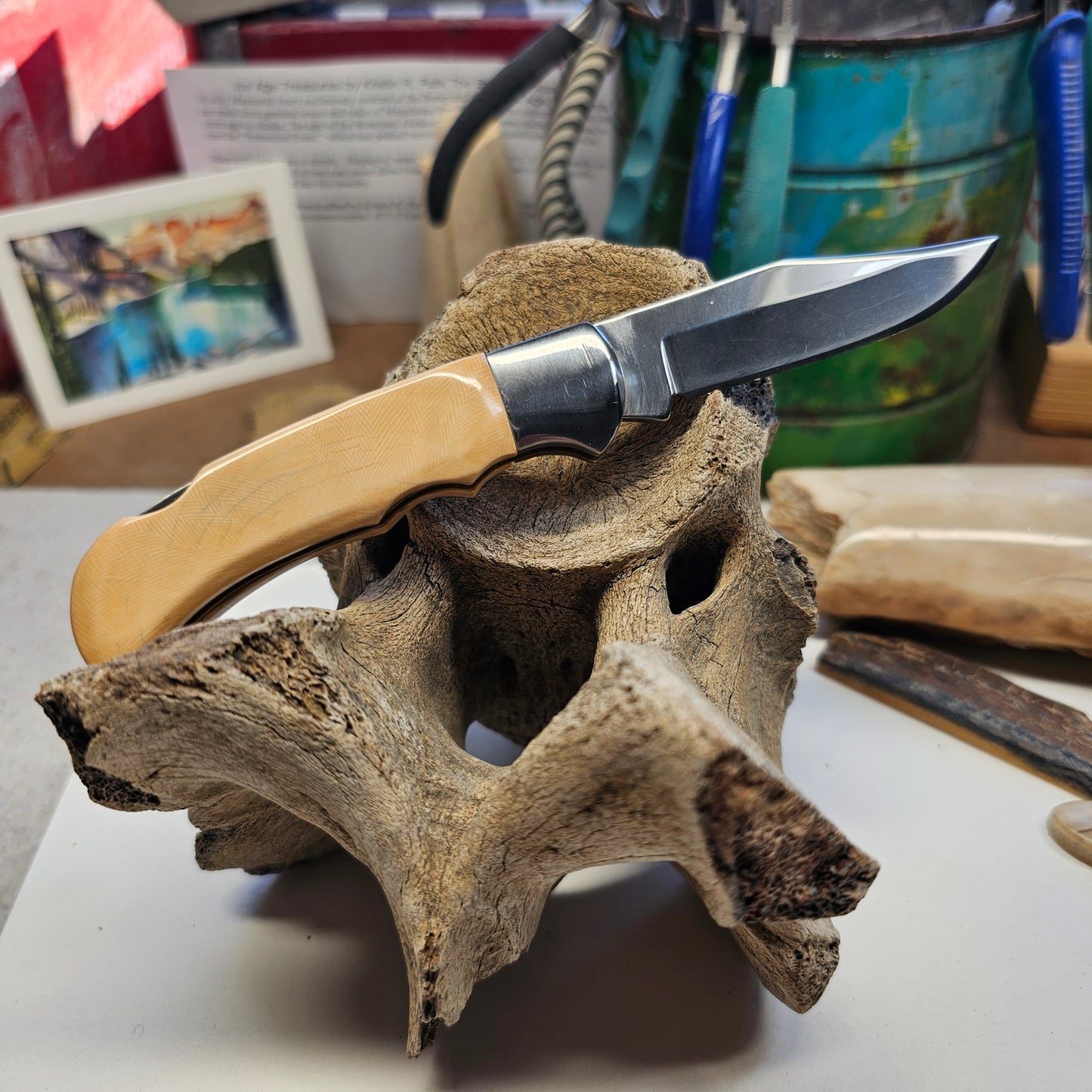 Boneyard Woolly Mammoth Ivory Grip Lock Blade Pocket Knife