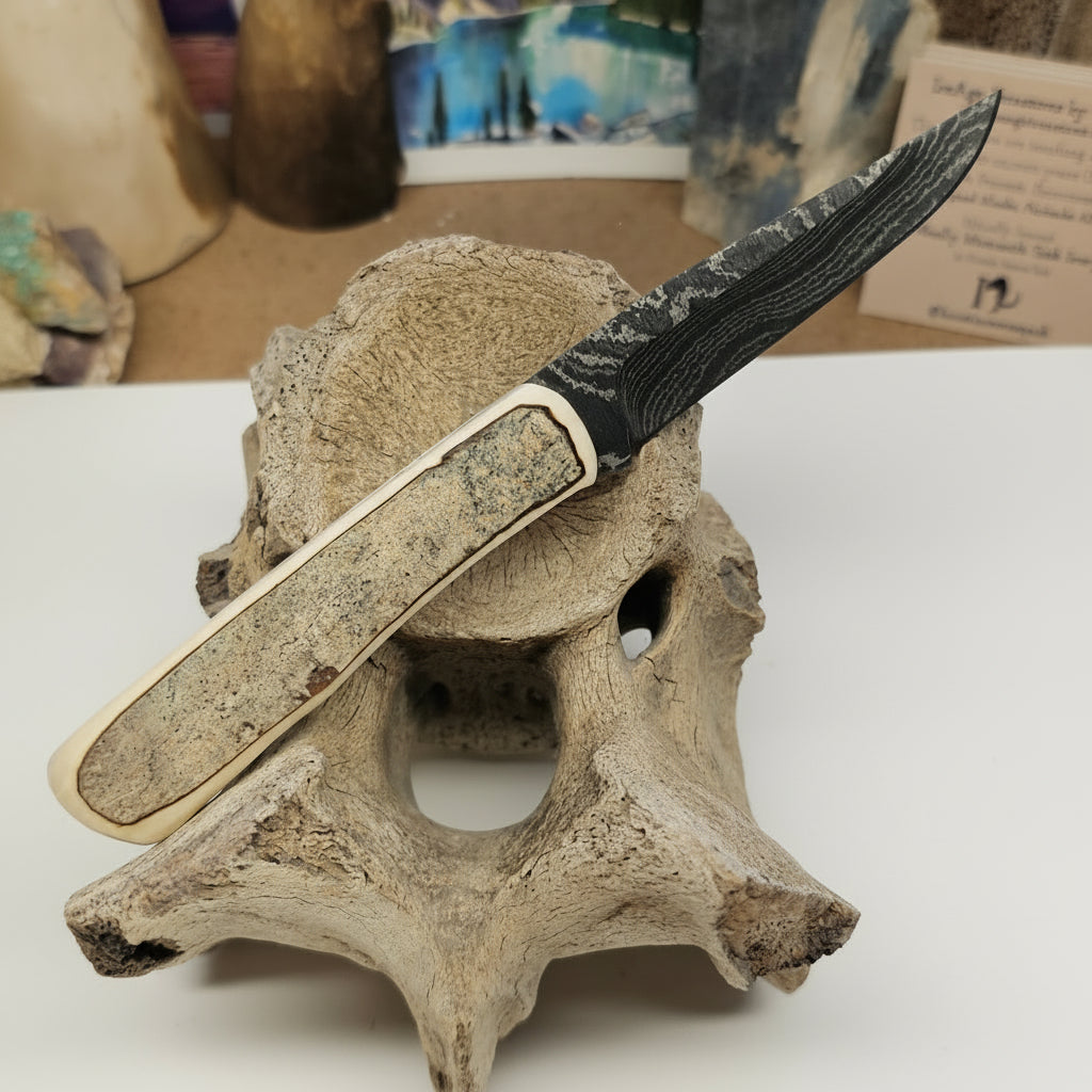 Boneyard Alaska Woolly Mammoth and USA Damascus Fixed Blade Knife 7-1/2"