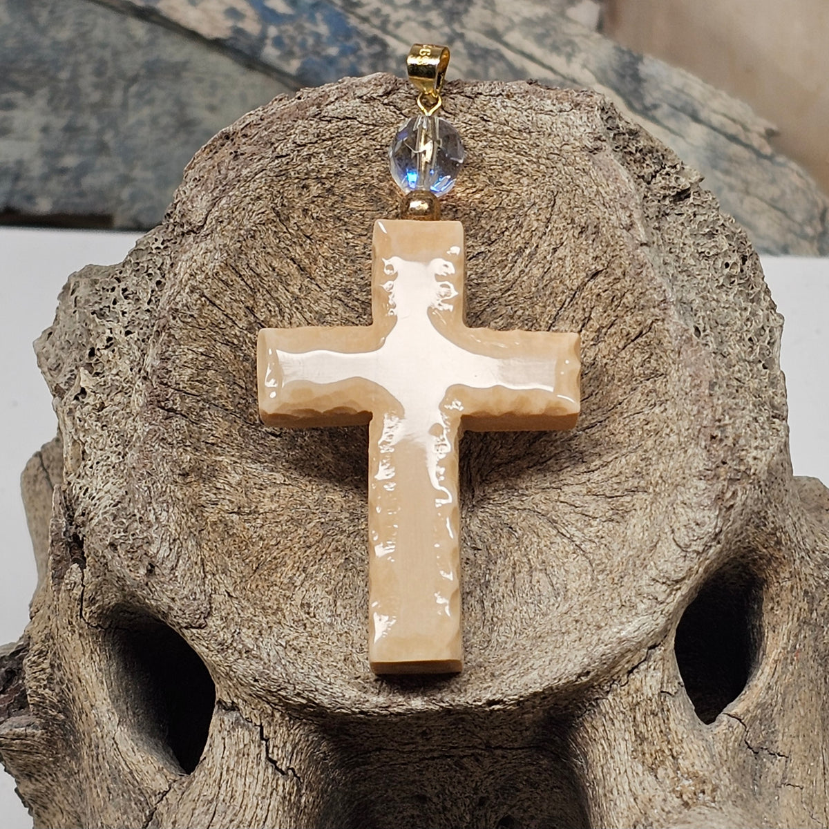 Woolly Mammoth Fossil Ivory Christian Cross Pendant - Carved