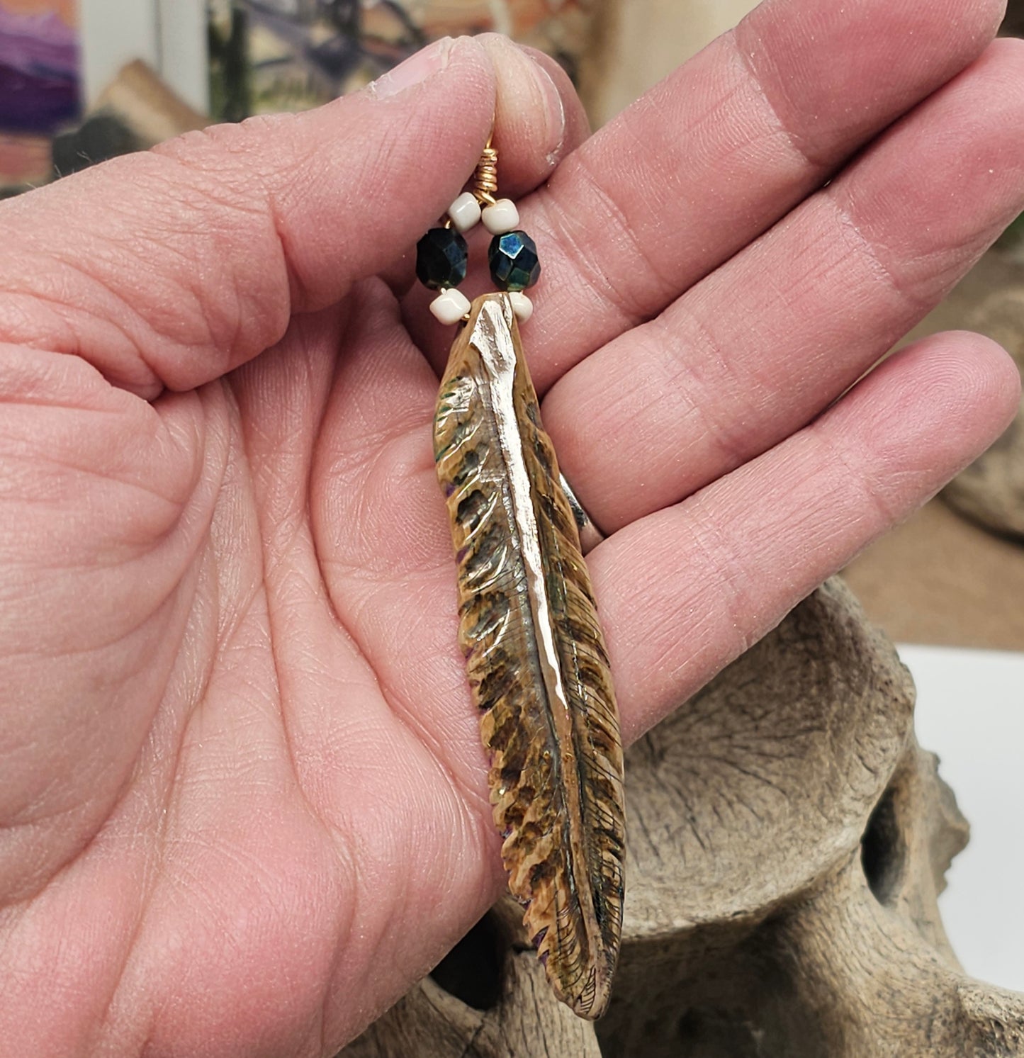 Boneyard Alaska Woolly Mammoth Ivory carved feather pendant with vintage 1950s Aurora Borealis crystal beads