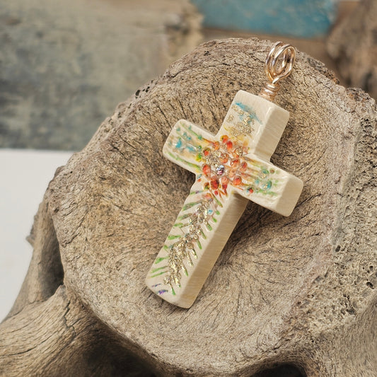 Gilded Woolly Mammoth Fossil Ivory Christian Cross Pendant | Ice Age Treasures