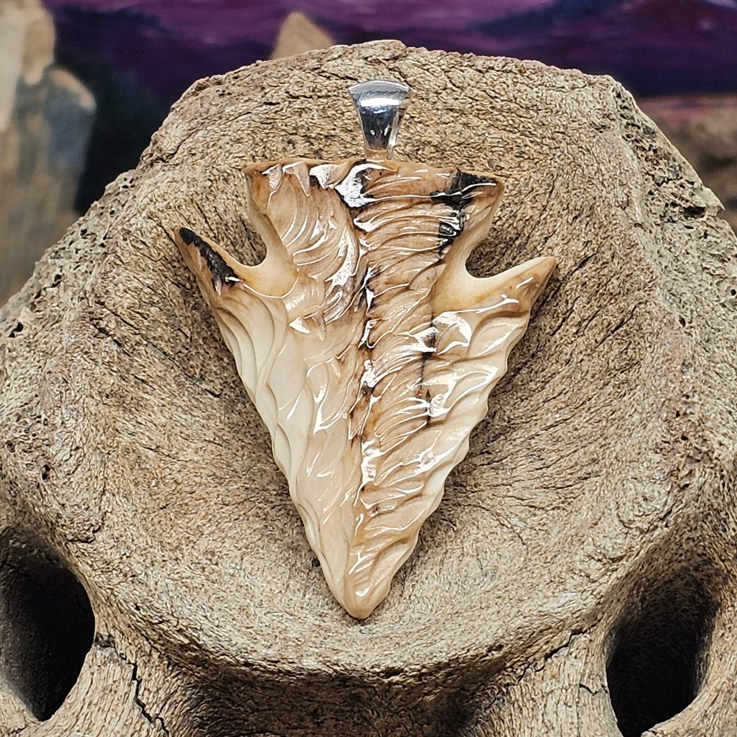 Boneyard Alaska Woolly Mammoth Carved Fossil Ivory Arrowhead Pendant