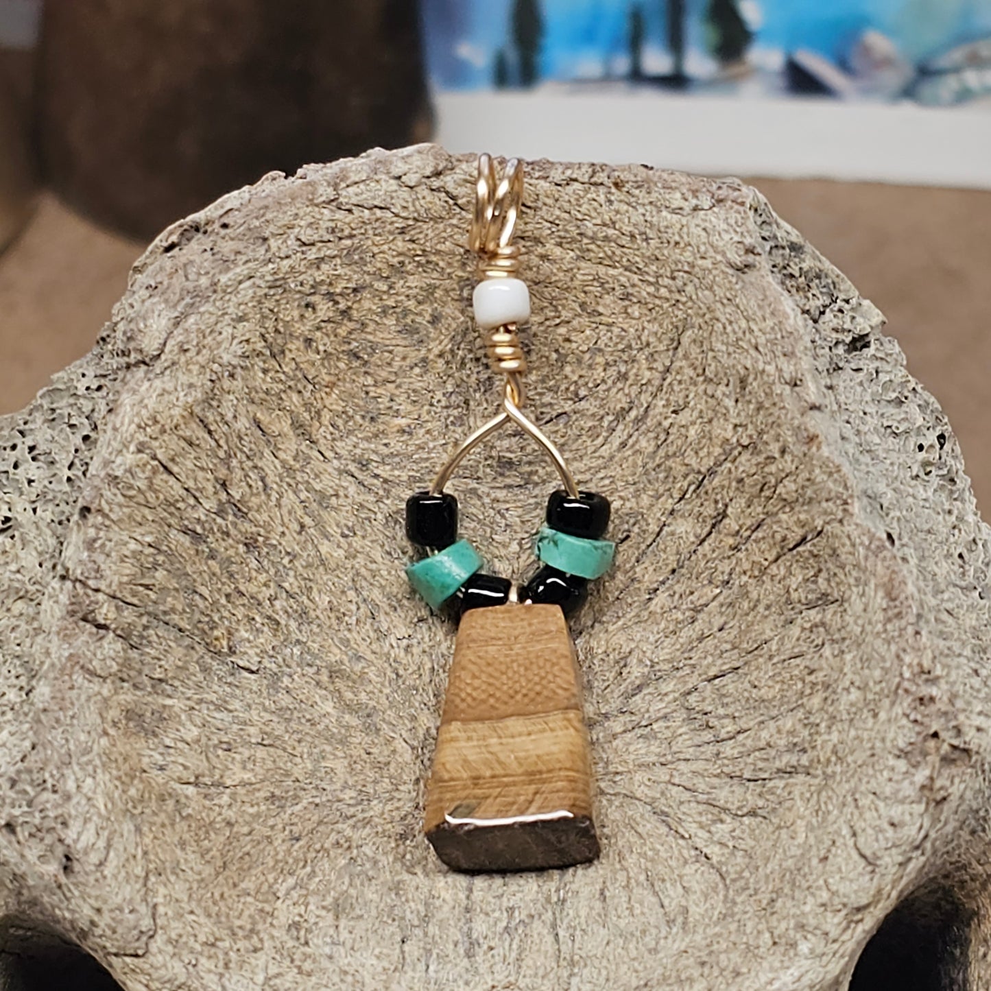 Boneyard Alaska Woolly Mammoth Ivory Pendant with Onyx and Turquoise