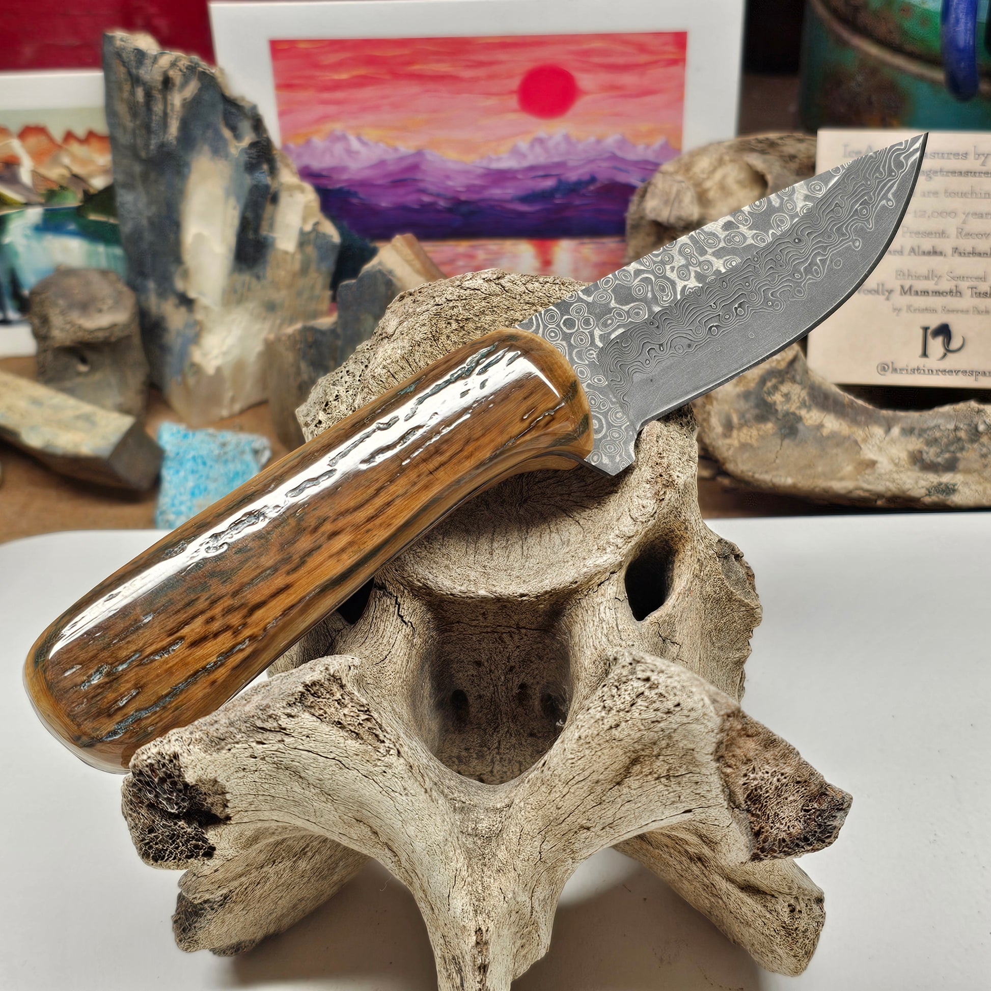 Boneyard Alaska Wooly Mammoth Heavy Vivianite Stained Fossil Ivory Grip  Skinner Knife