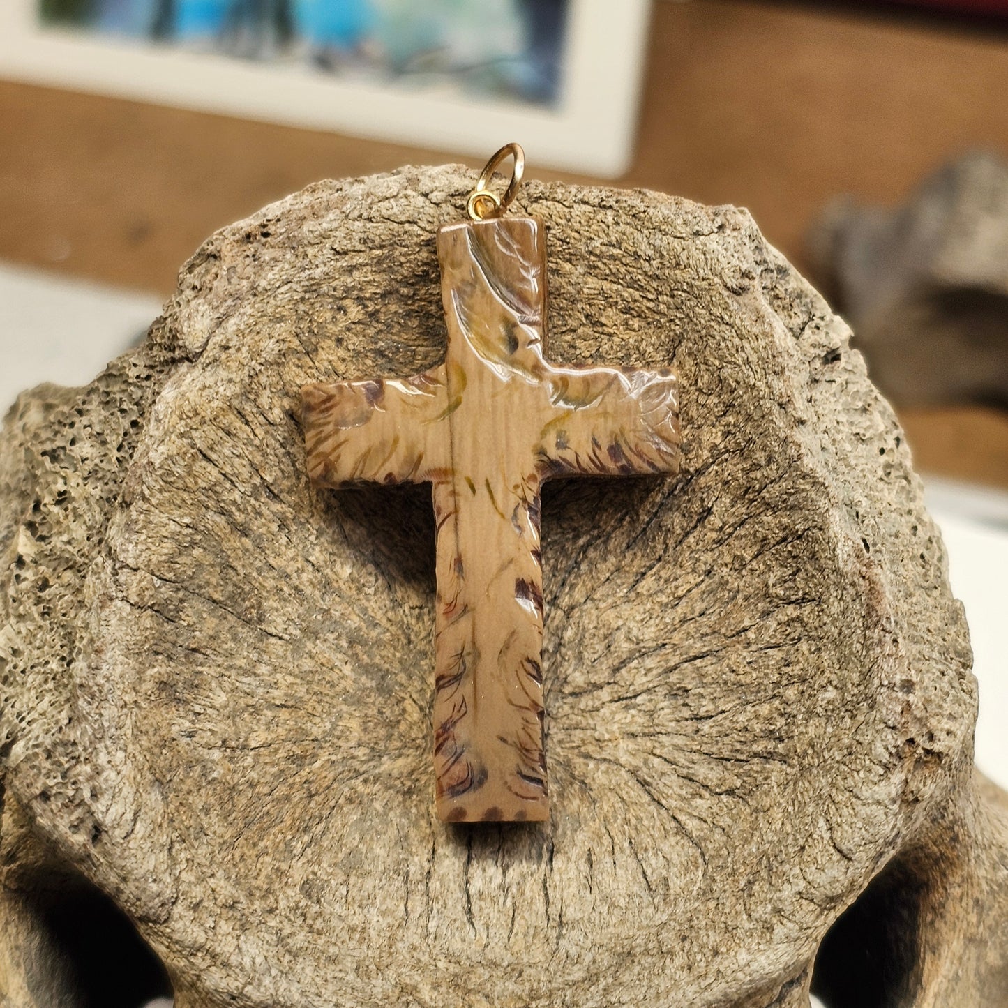 Boneyard Alaska Woolly Mammoth Ivory Scribed and Inked Christian Cross Pendant