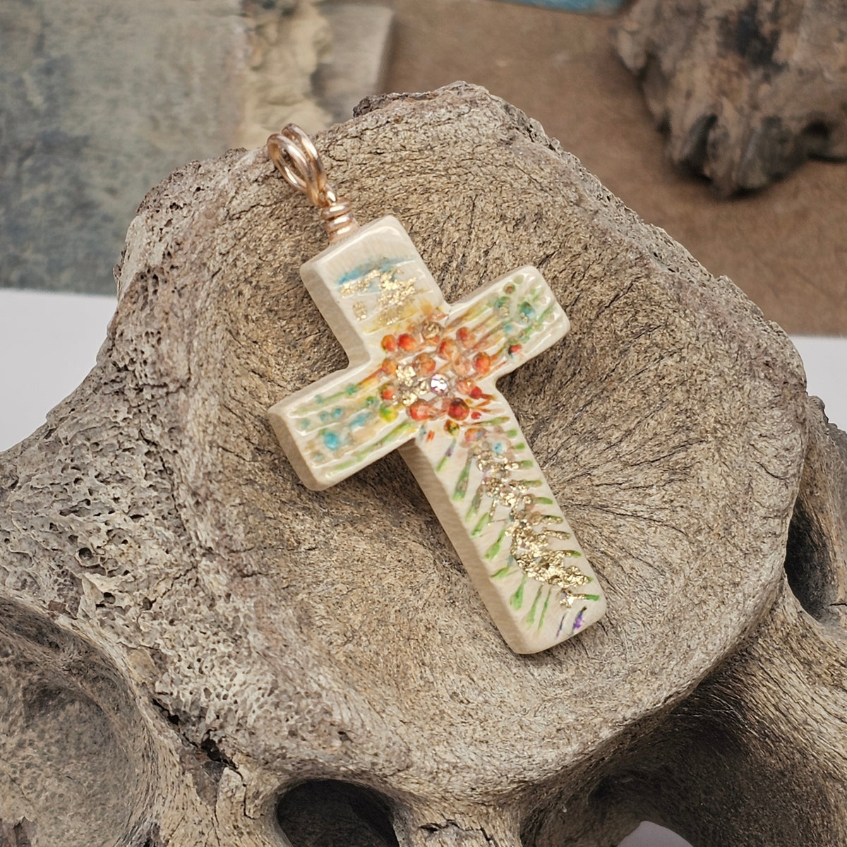 Gilded Woolly Mammoth Fossil Ivory Christian Cross Pendant | Ice Age Treasures