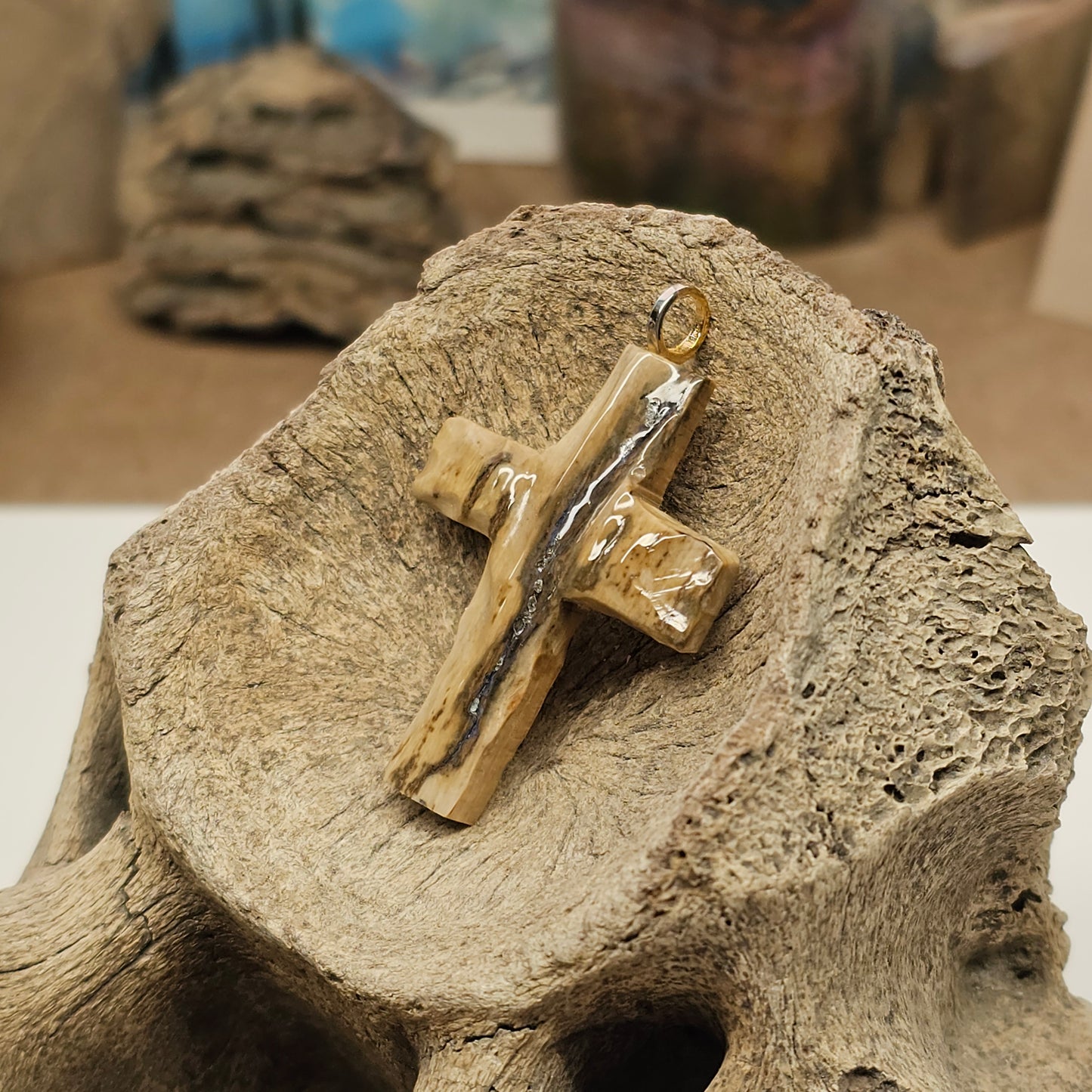 Boneyard Alaska Woolly Mammoth Ivory Carved Christian Cross Pendant