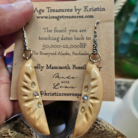 Boneyard Woolly Mammoth Ivory Earrings with Swarovski Crystal Inlay