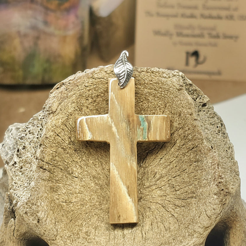 Boneyard Alaska Woolly Mammoth Ivory Carved Christian Cross Pendant