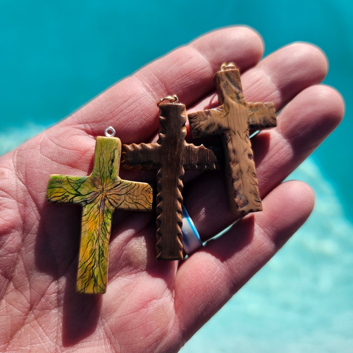 Boneyard Alaska Woolly Mammoth Ivory Scribed and Inked Christian Cross Pendant