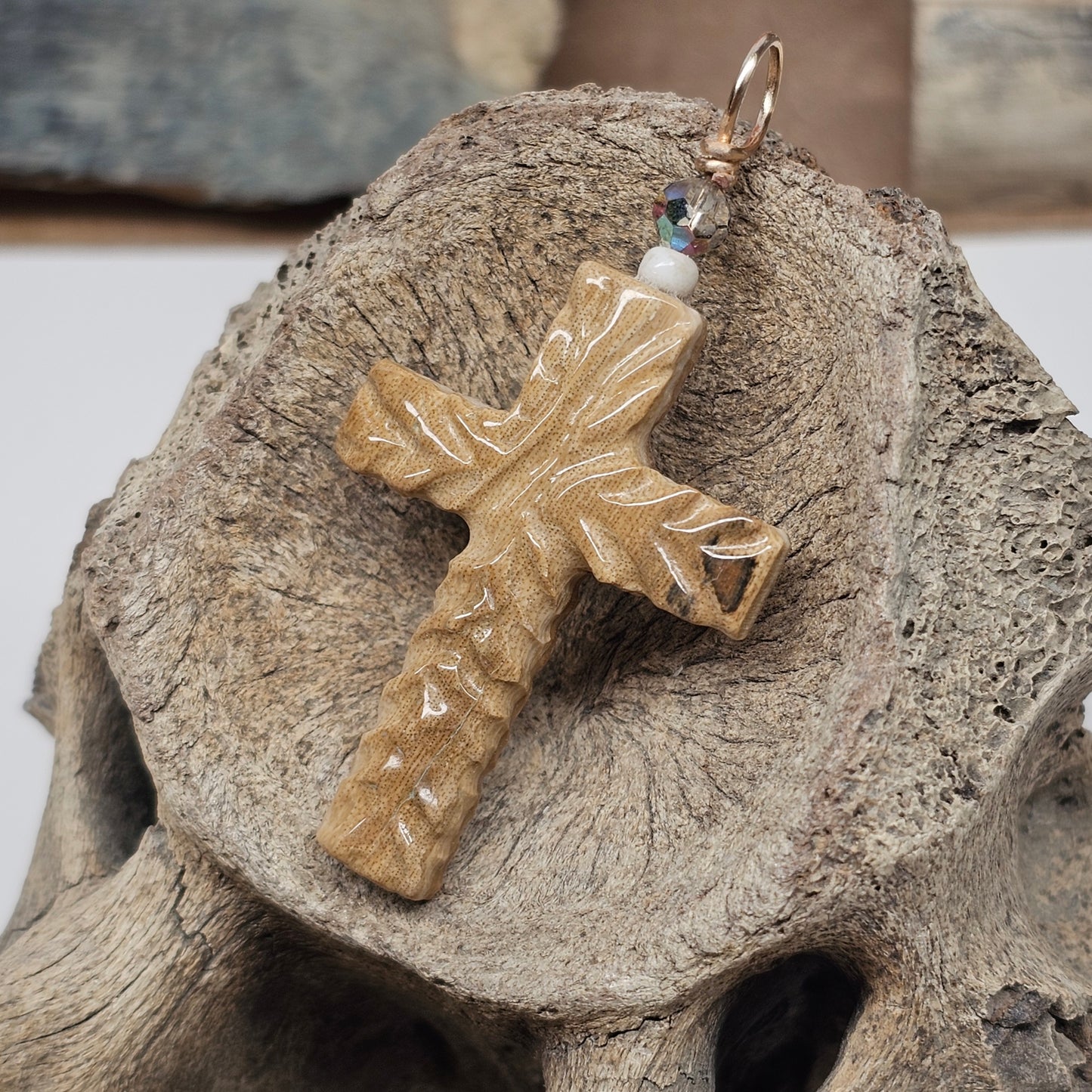Woolly Mammoth Ivory Carved Christian Cross Pendant Vintage Bead | Ice Age Treasures