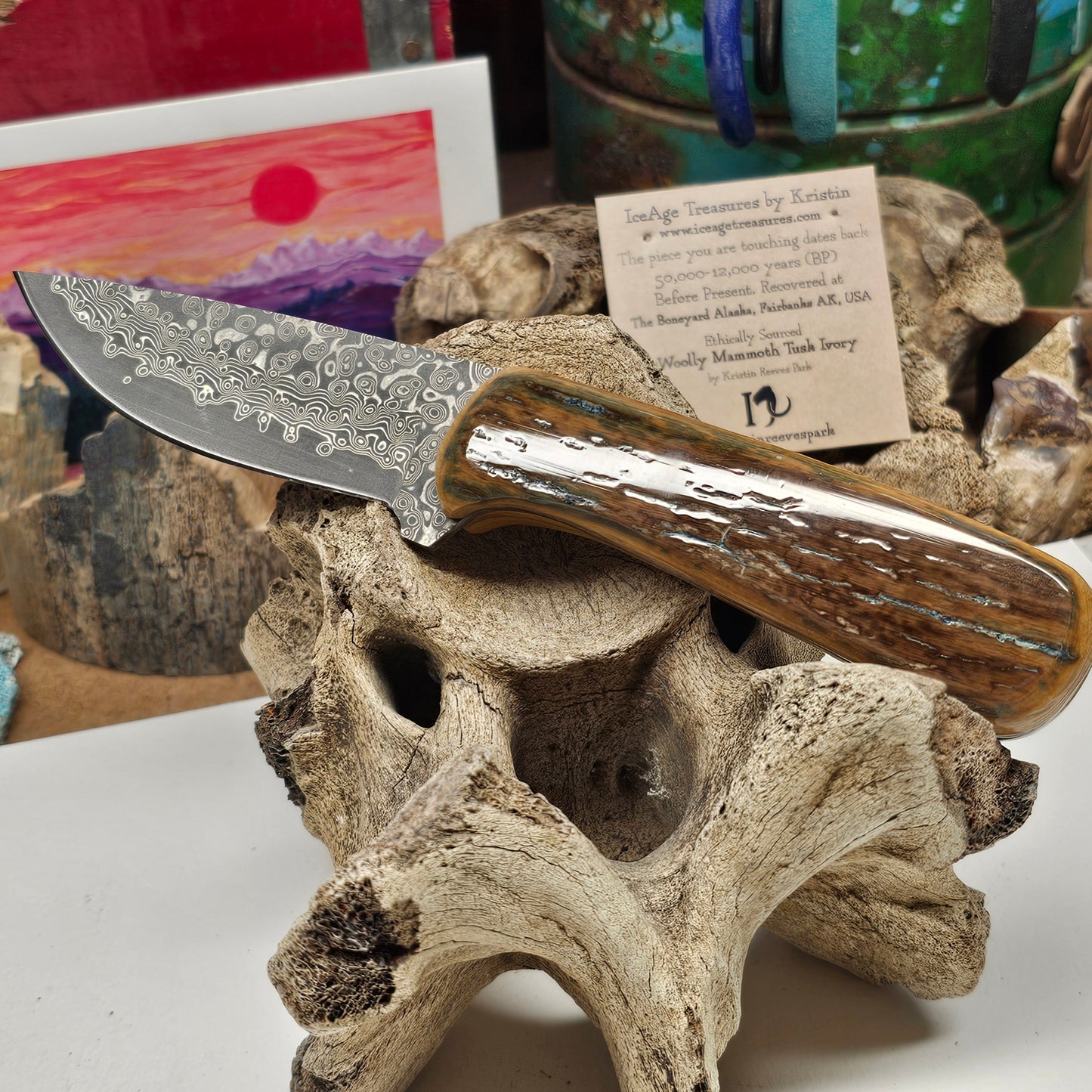 Woolly Mammoth Fossil Ivory Grip Damascus Blade Knife | Boneyard Alaska