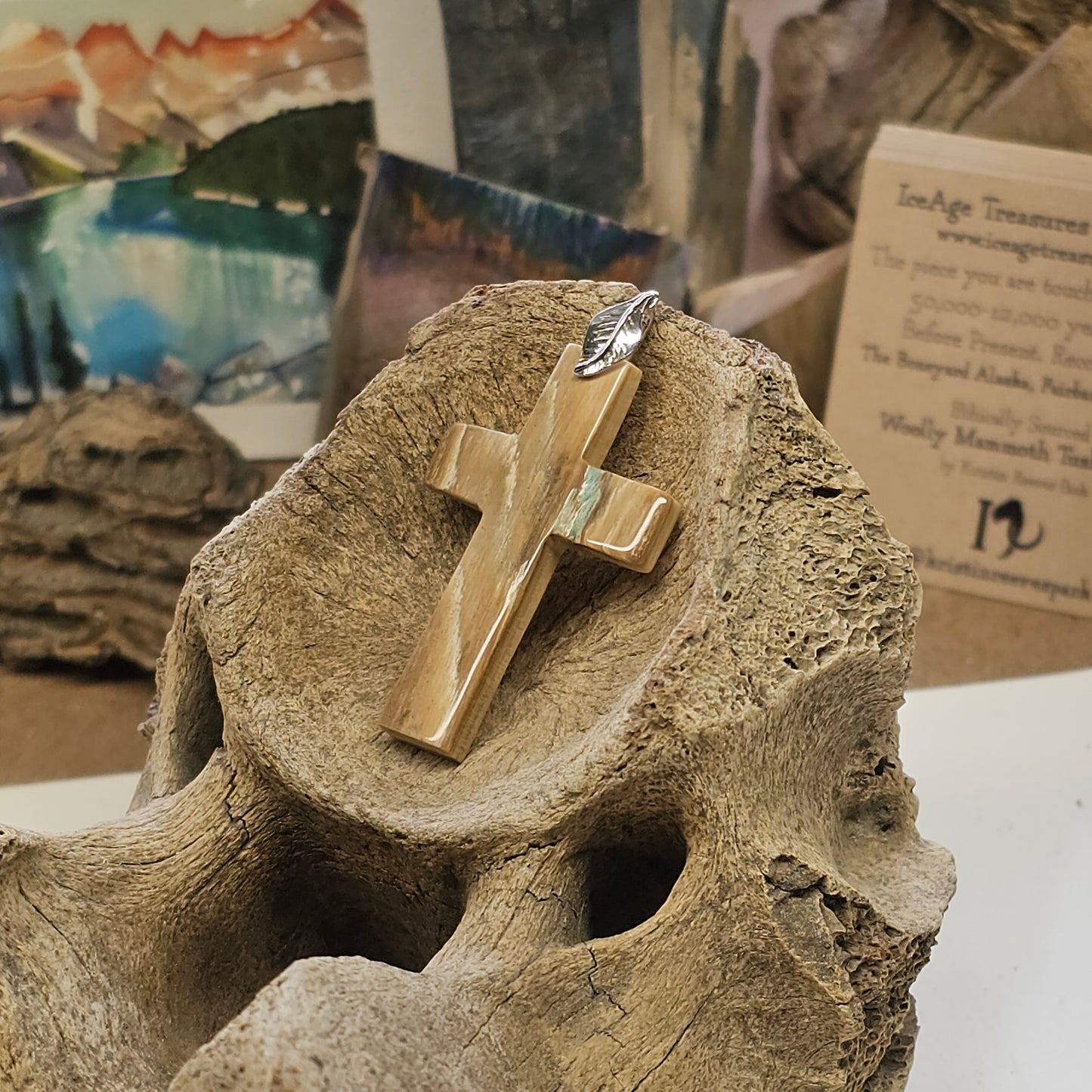 Boneyard Alaska Woolly Mammoth Ivory Carved Christian Cross Pendant