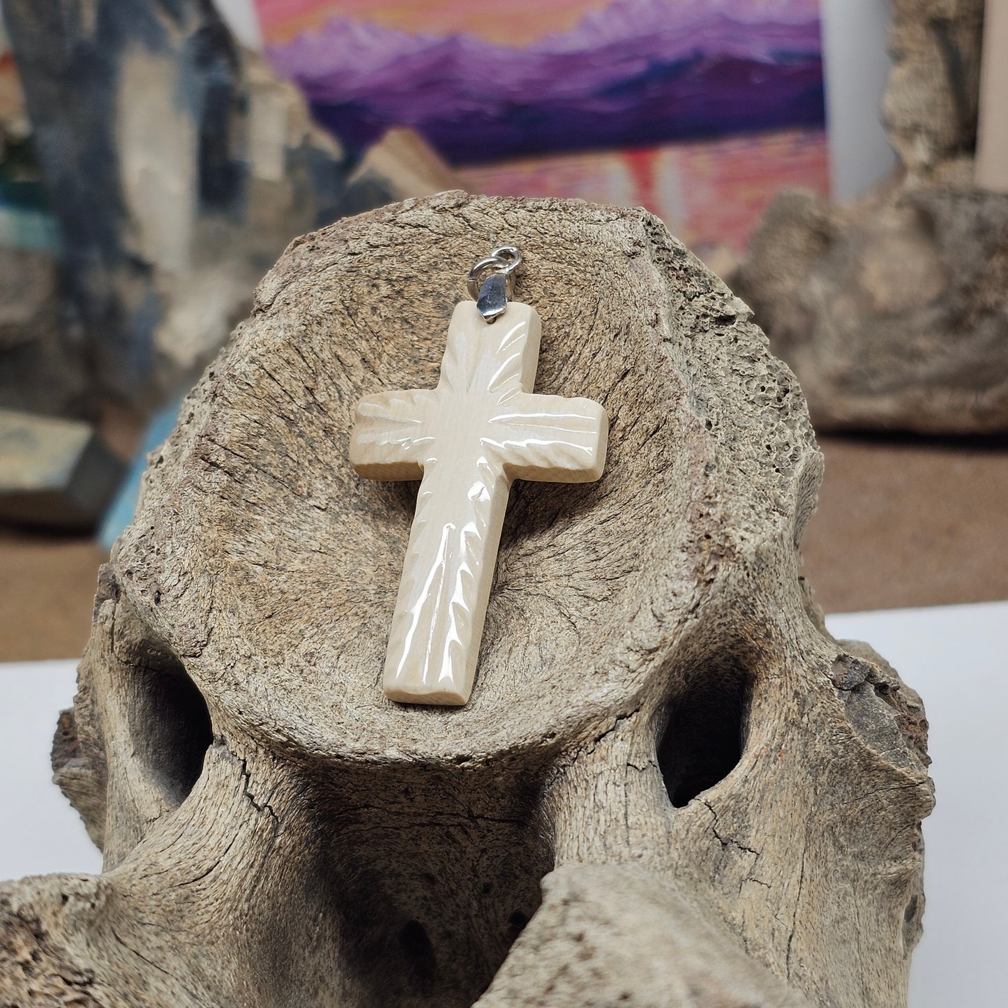 Carved Fossil Ivory Christian Cross Pendant – Sculpted Form | Ice Age Treasures