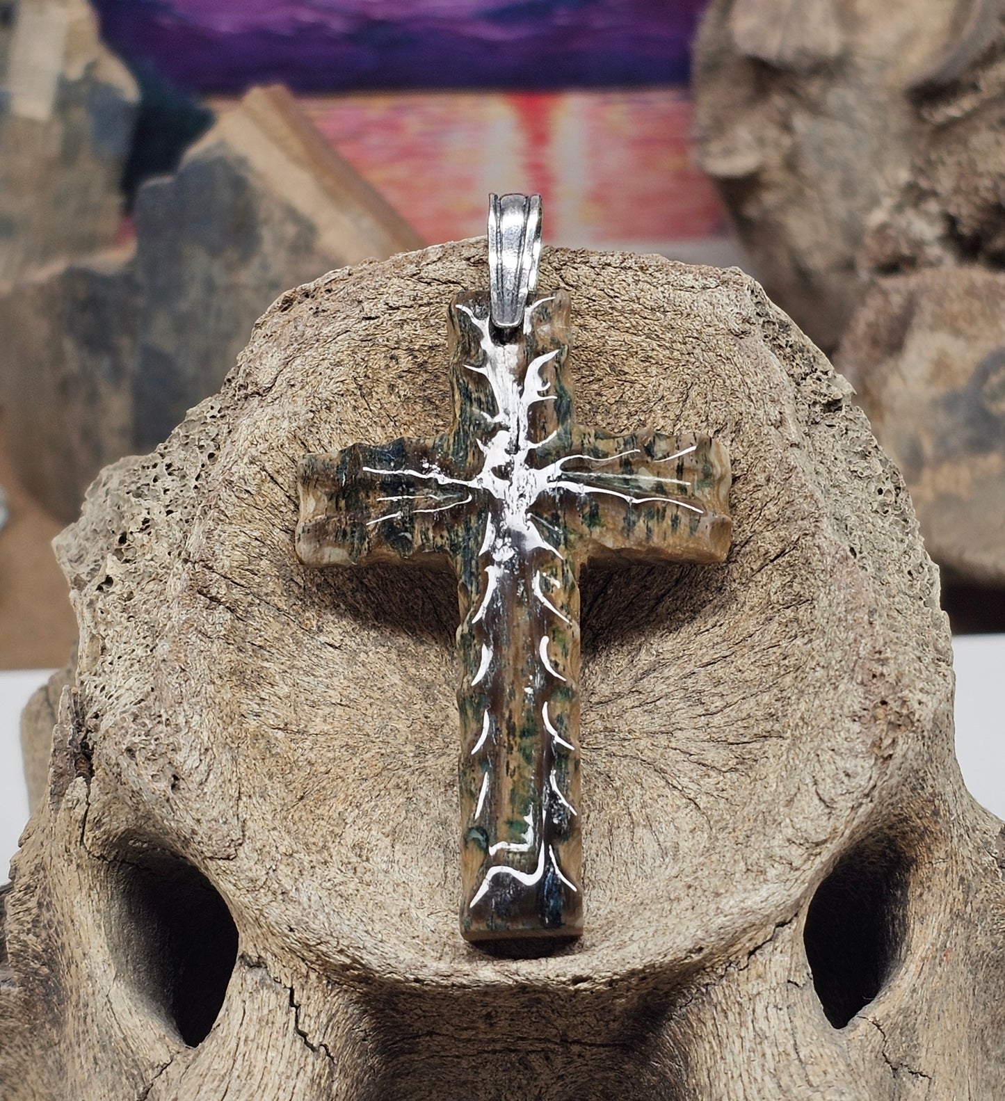 Woolly Mammoth Fossil Ivory Christian Cross Pendant | Vivianite Rich