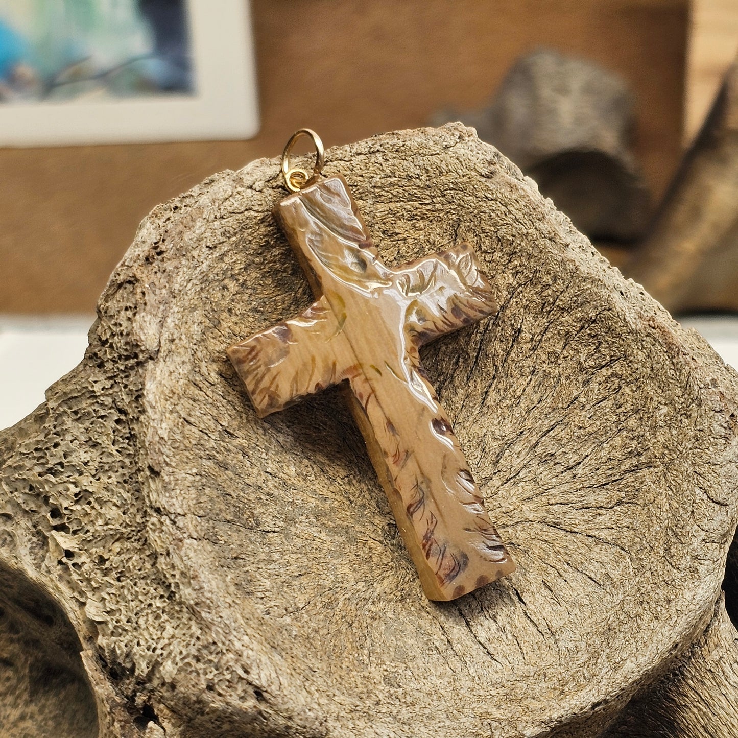 Boneyard Alaska Woolly Mammoth Ivory Scribed and Inked Christian Cross Pendant