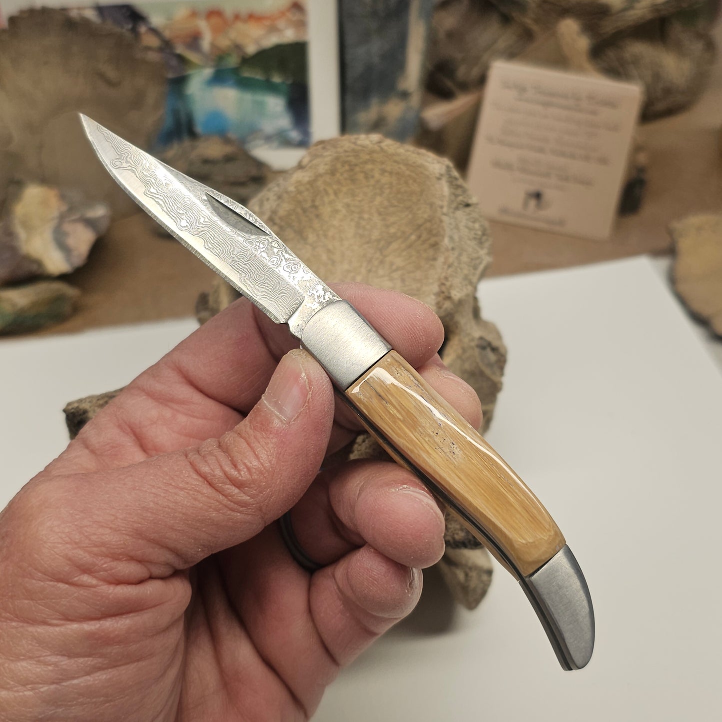 Boneyard Woolly Mammoth Ivory Grip Texas Toothpick Pocket Knife-Damascus