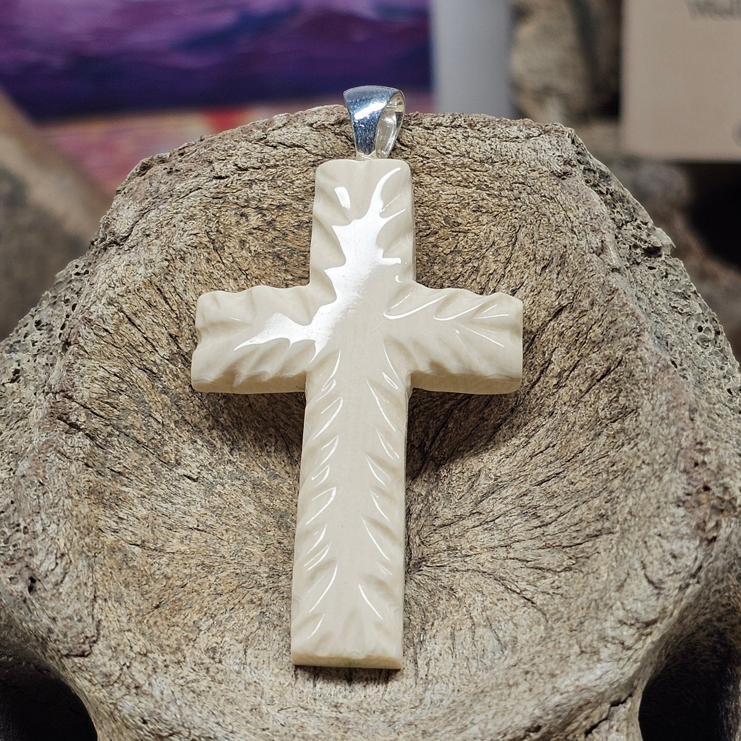 Carved Fossil Ivory Christian Cross Pendant – Faceted Form | Ice Age Treasures